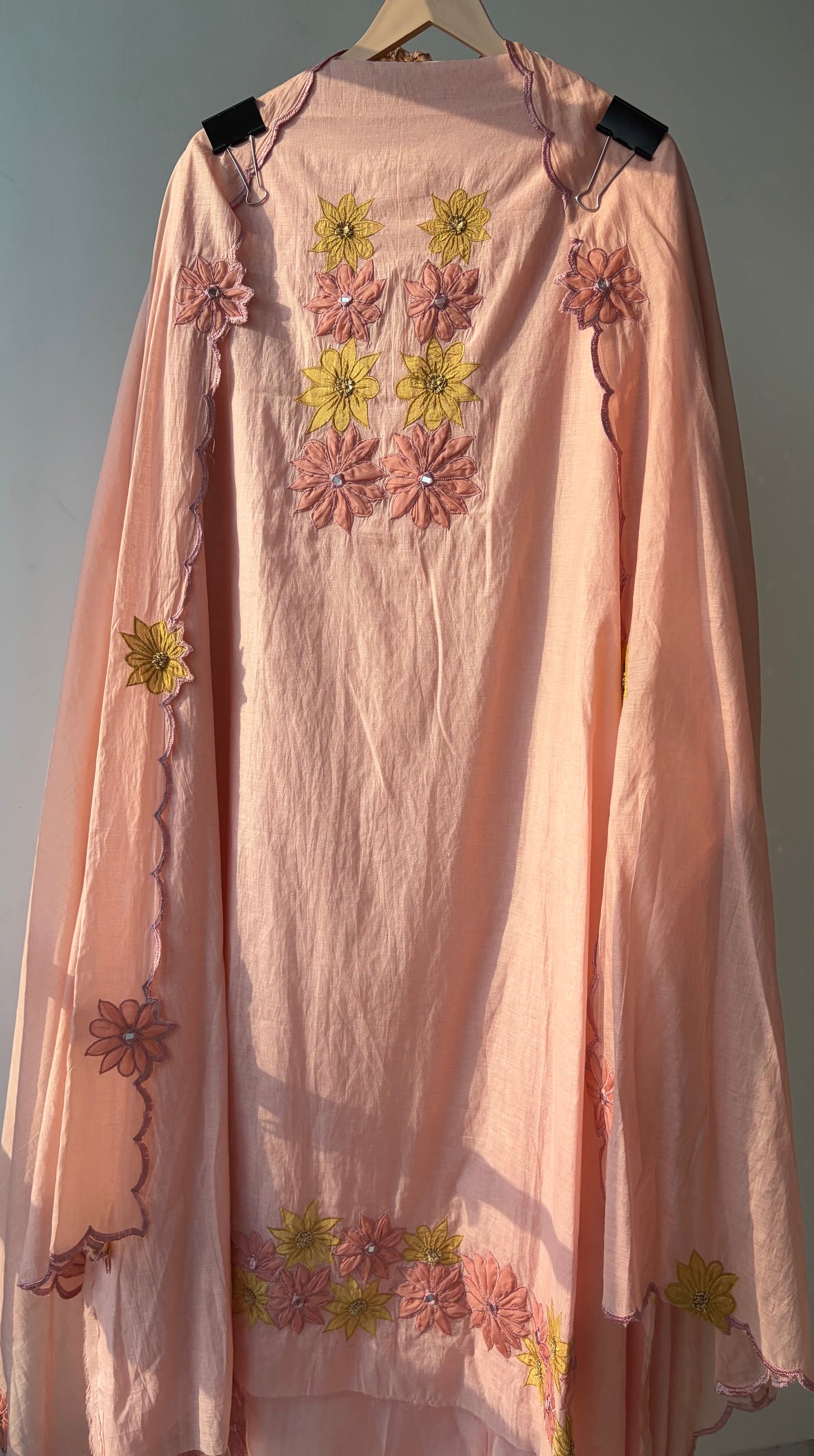 Peach Applique Mulmul Semi Stitched Suit
