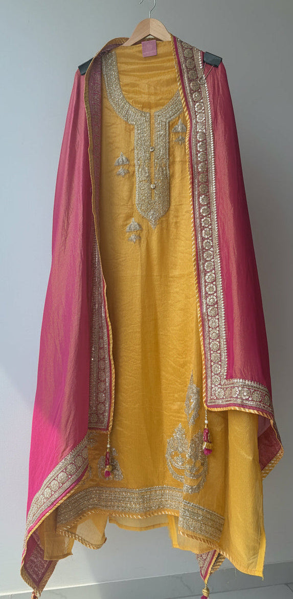 Yellow Zari Shimmer Semi Stitched Suit