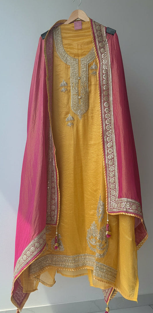 Yellow Zari Shimmer Semi Stitched Suit