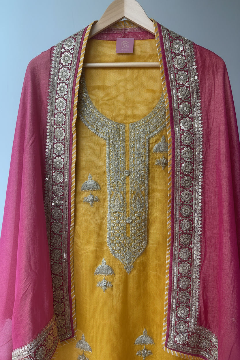 Yellow Zari Shimmer Semi Stitched Suit
