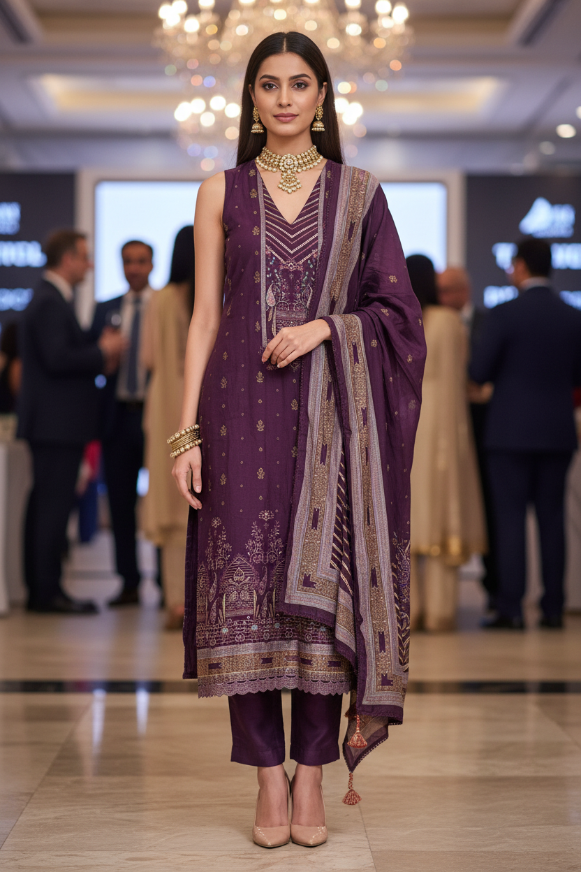 Purple Muslin Silk Unstitched Suit