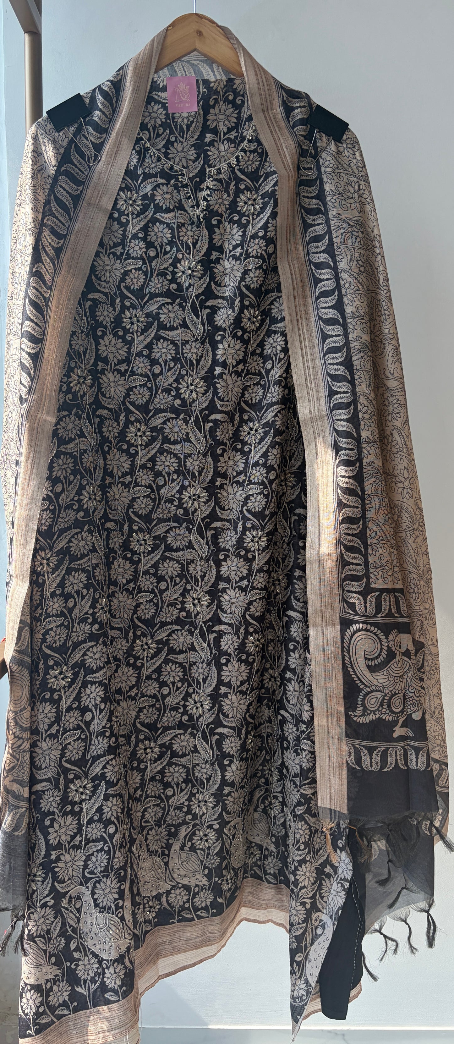 Black Tussar Silk Semi Stitched Suit