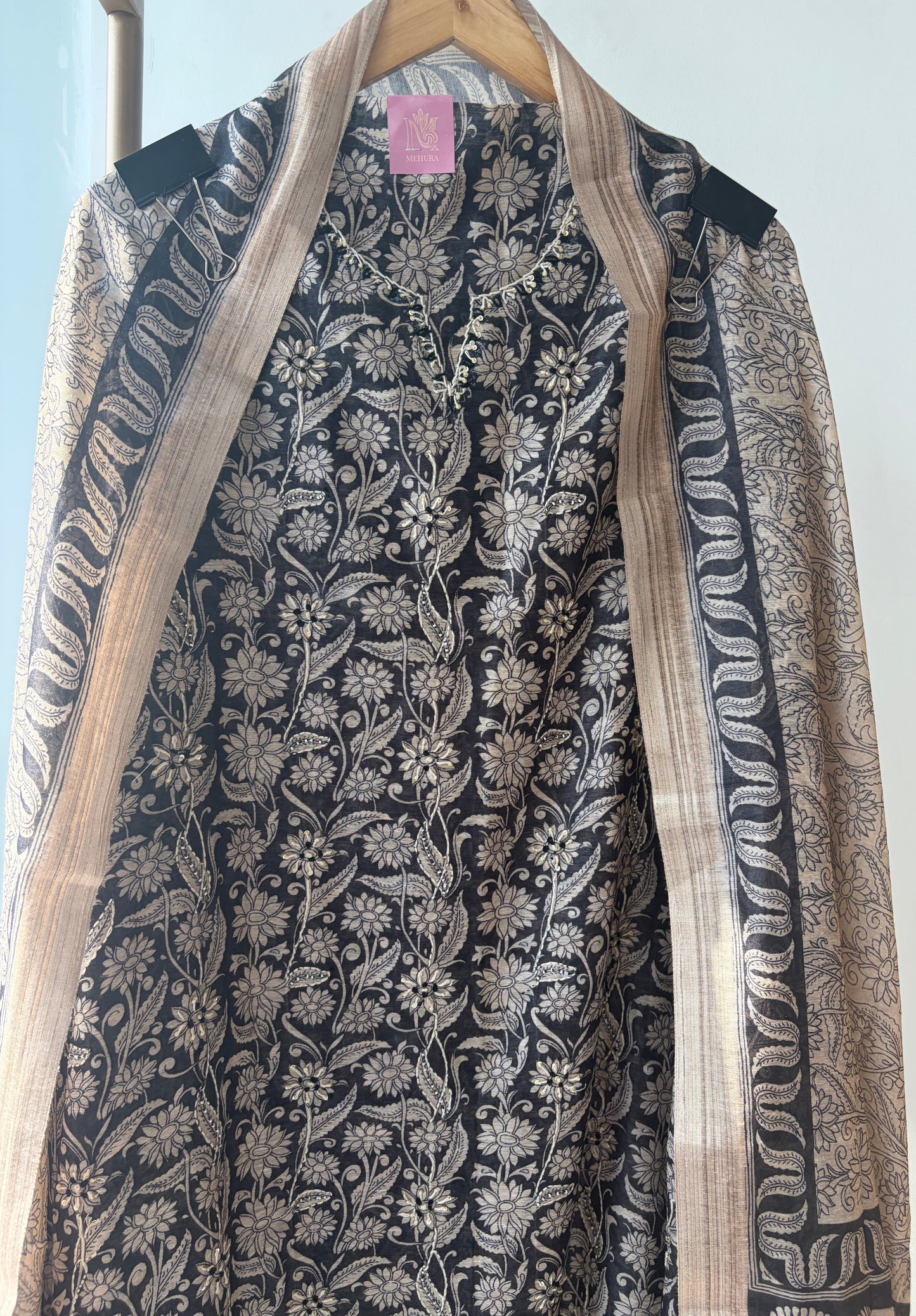 Black Tussar Silk Semi Stitched Suit