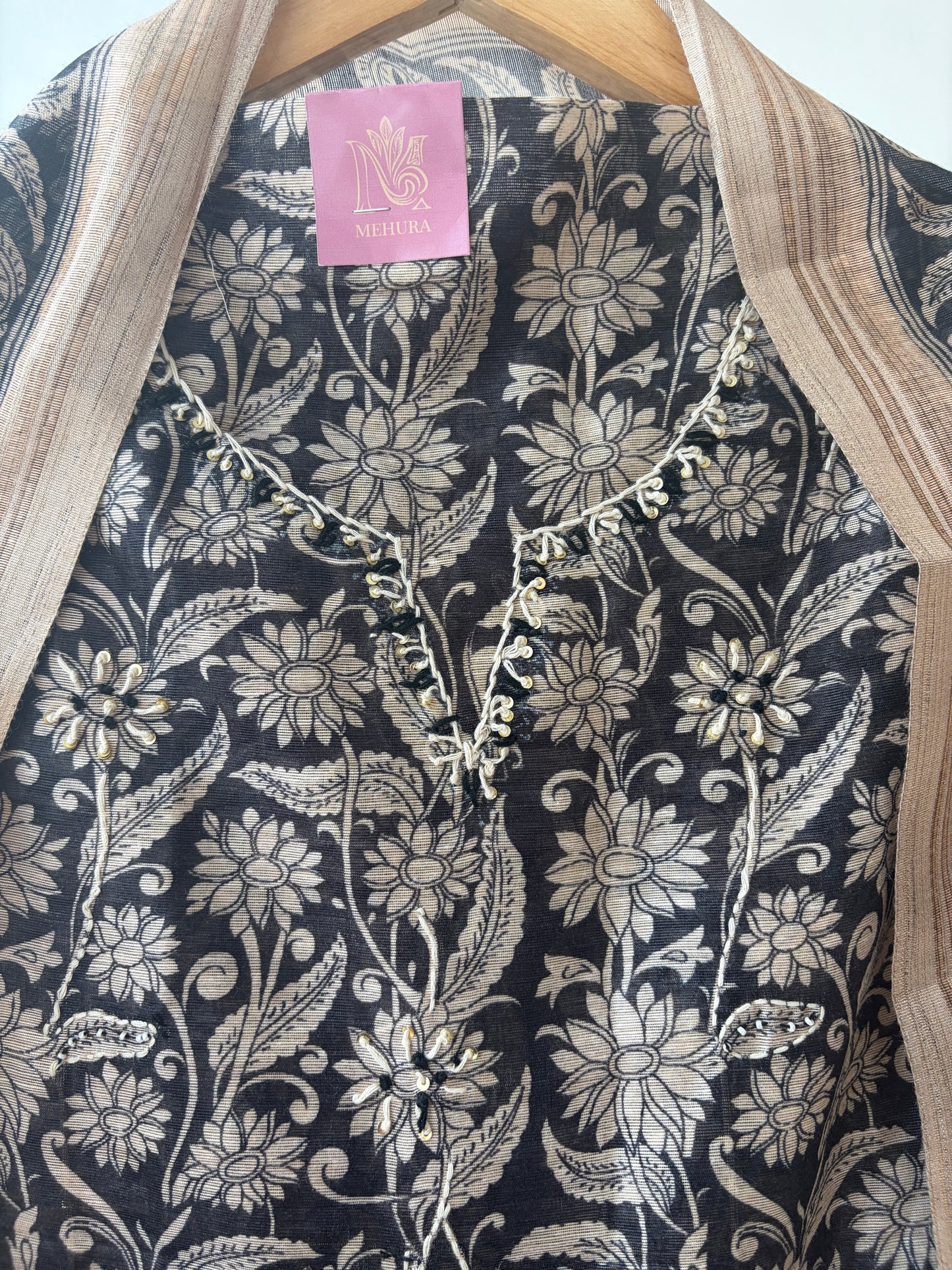 Black Tussar Silk Semi Stitched Suit