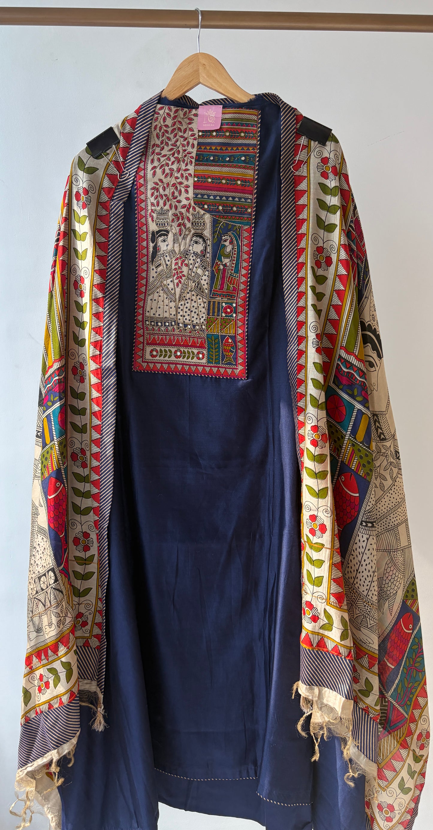 Blue Dabka Work Maheshwari Silk Semi Stitched Suit
