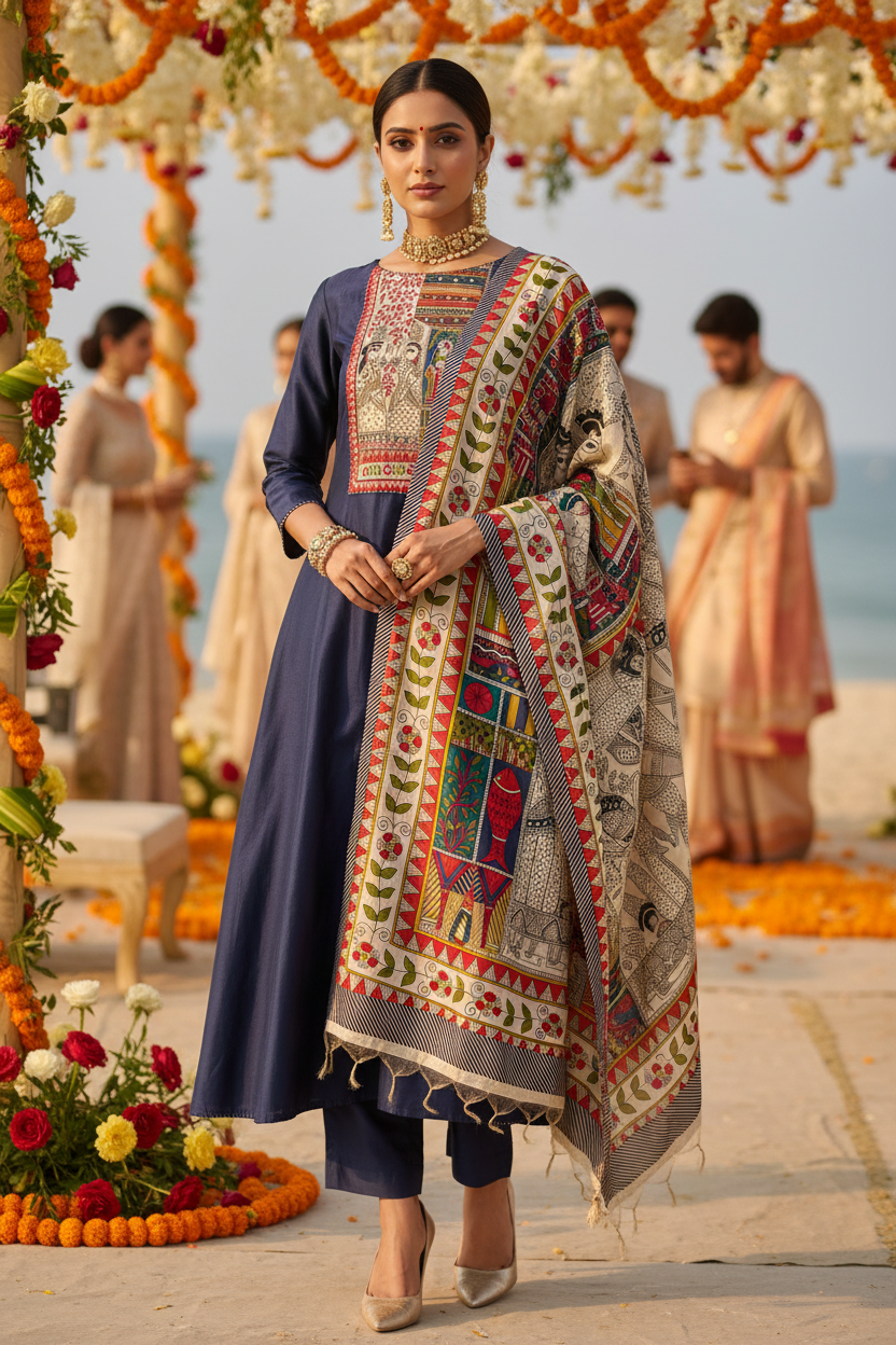 Blue Dabka Work Maheshwari Silk Semi Stitched Suit