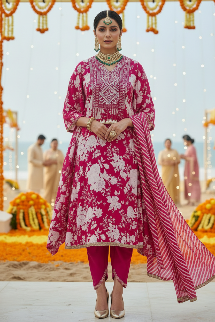 Pink Satin Printed Semi Stitched Suit
