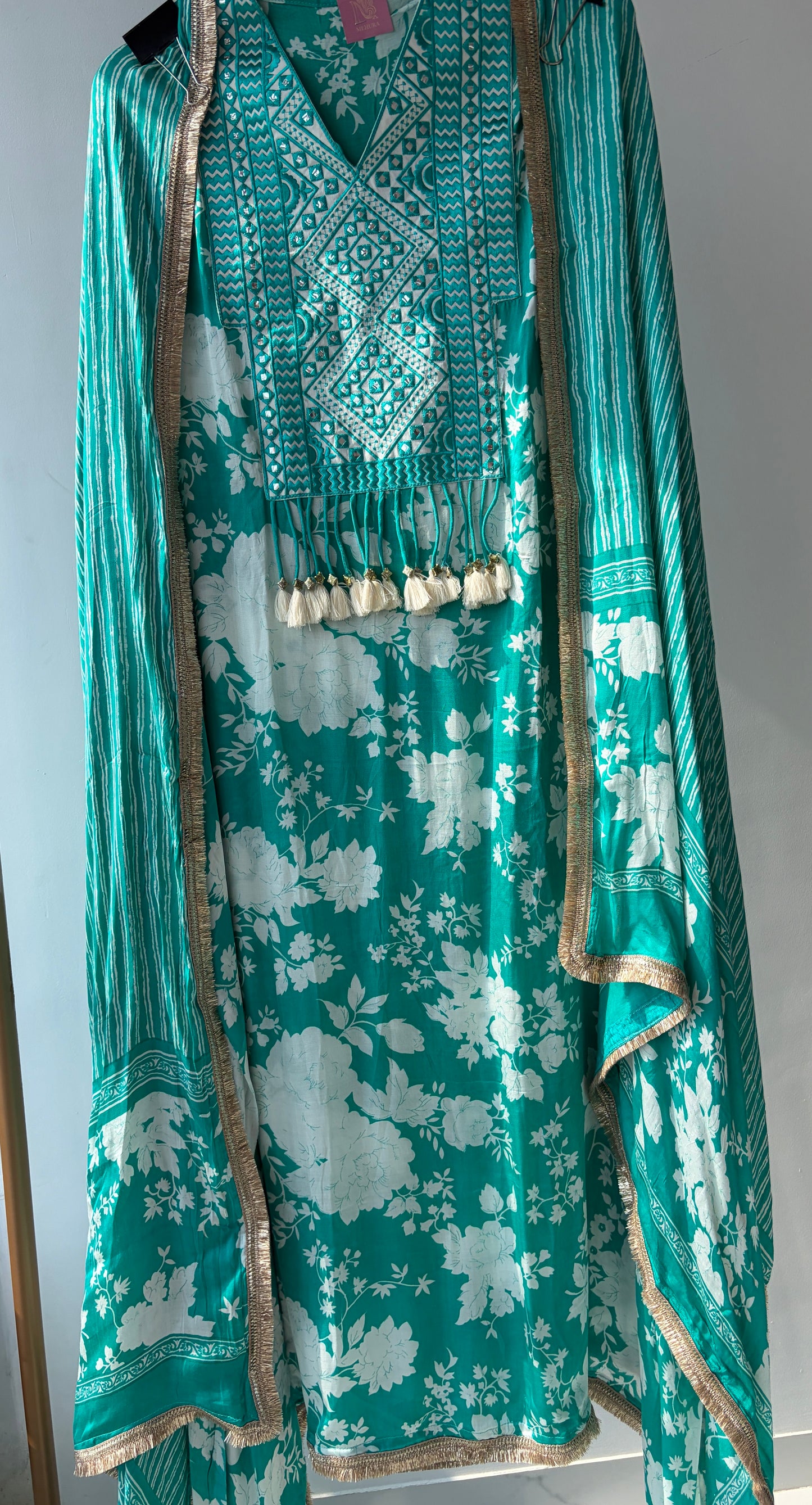 Green Satin Printed Semi Stitched Suit