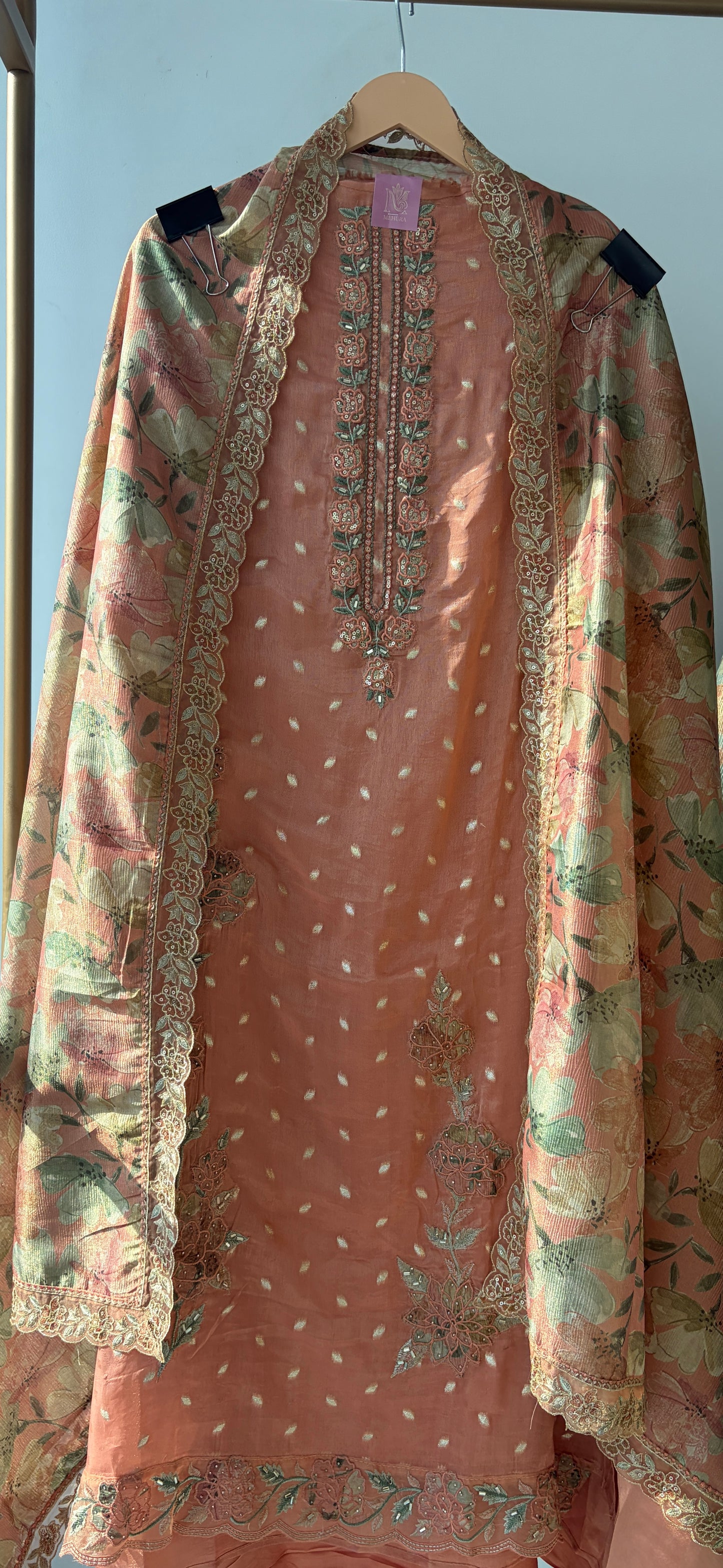 Peach Banarasi Butti Semi Stitched Suit