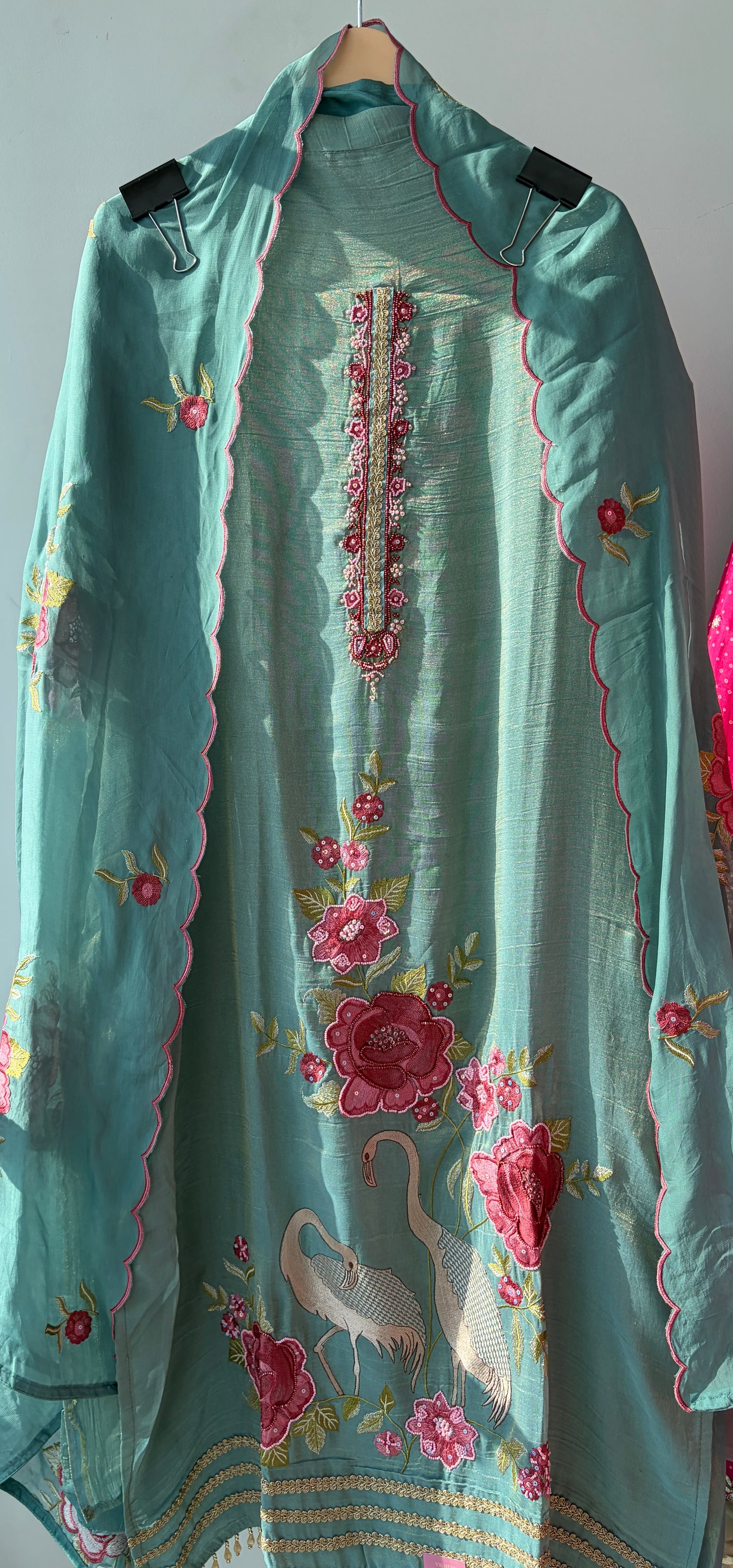 Teal Embellished Shimmer Semi Stitched Suit