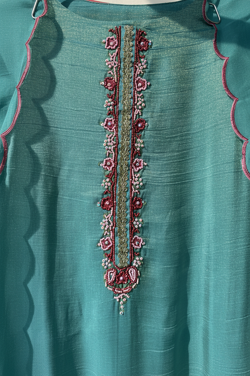 Teal Embellished Shimmer Semi Stitched Suit