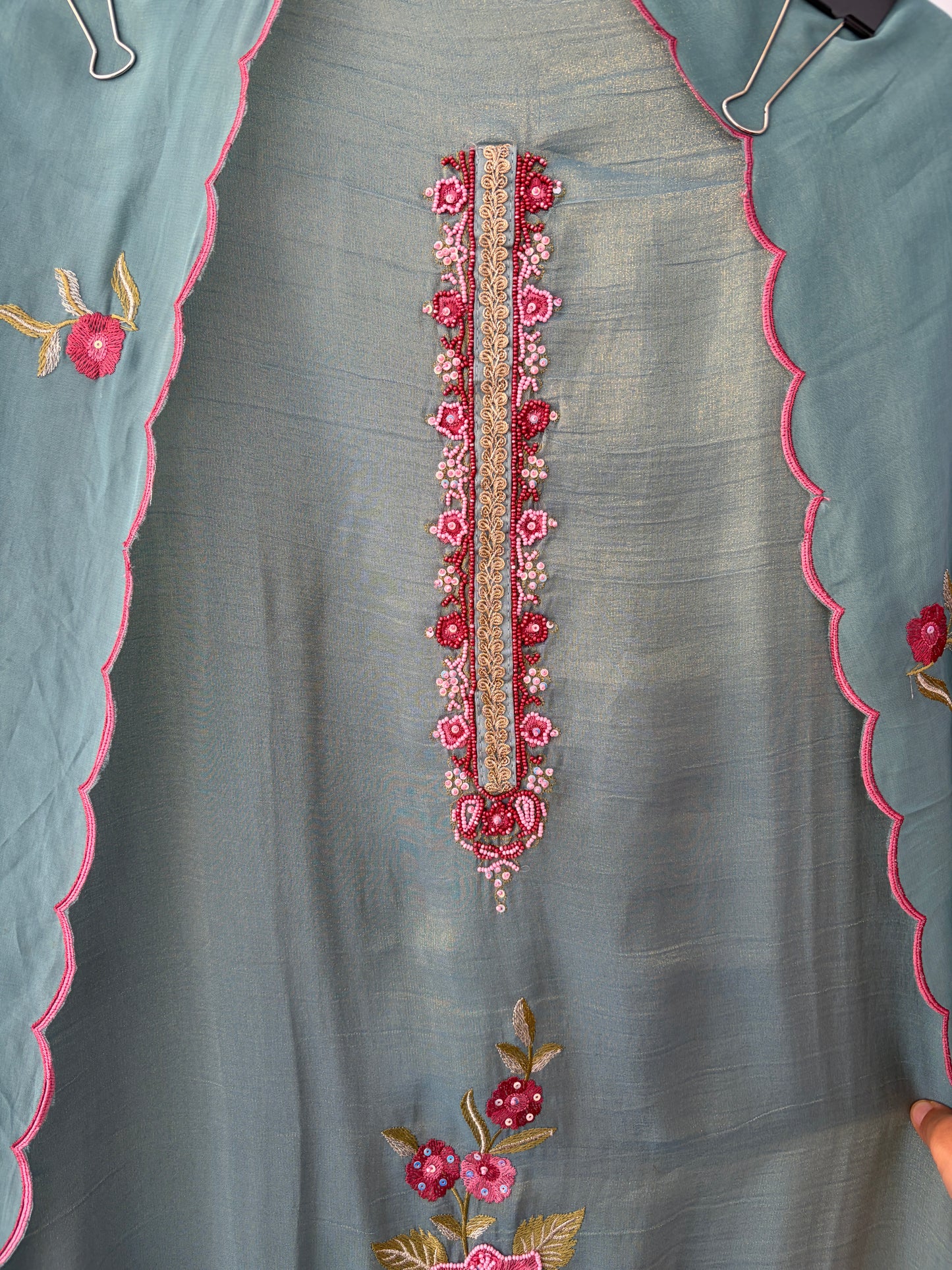 Teal Embellished Shimmer Semi Stitched Suit