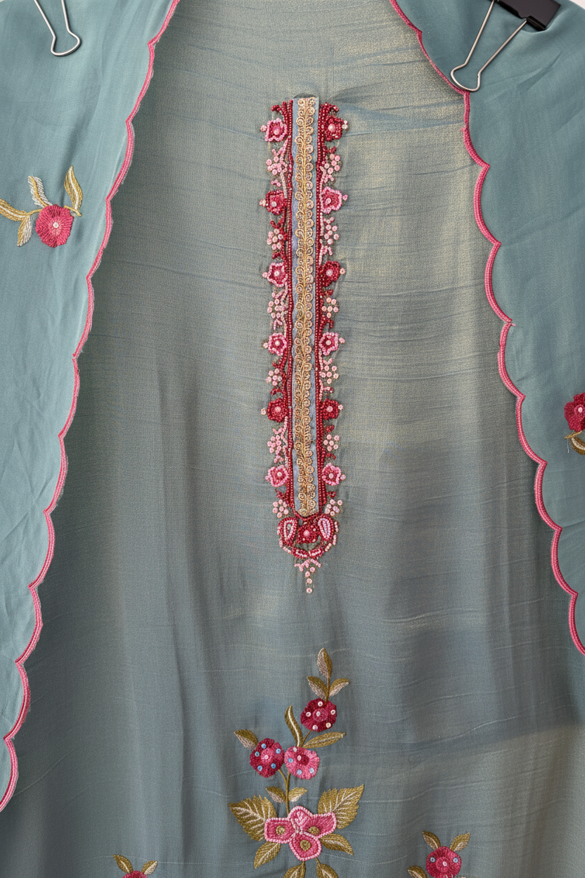 Teal Embellished Shimmer Semi Stitched Suit