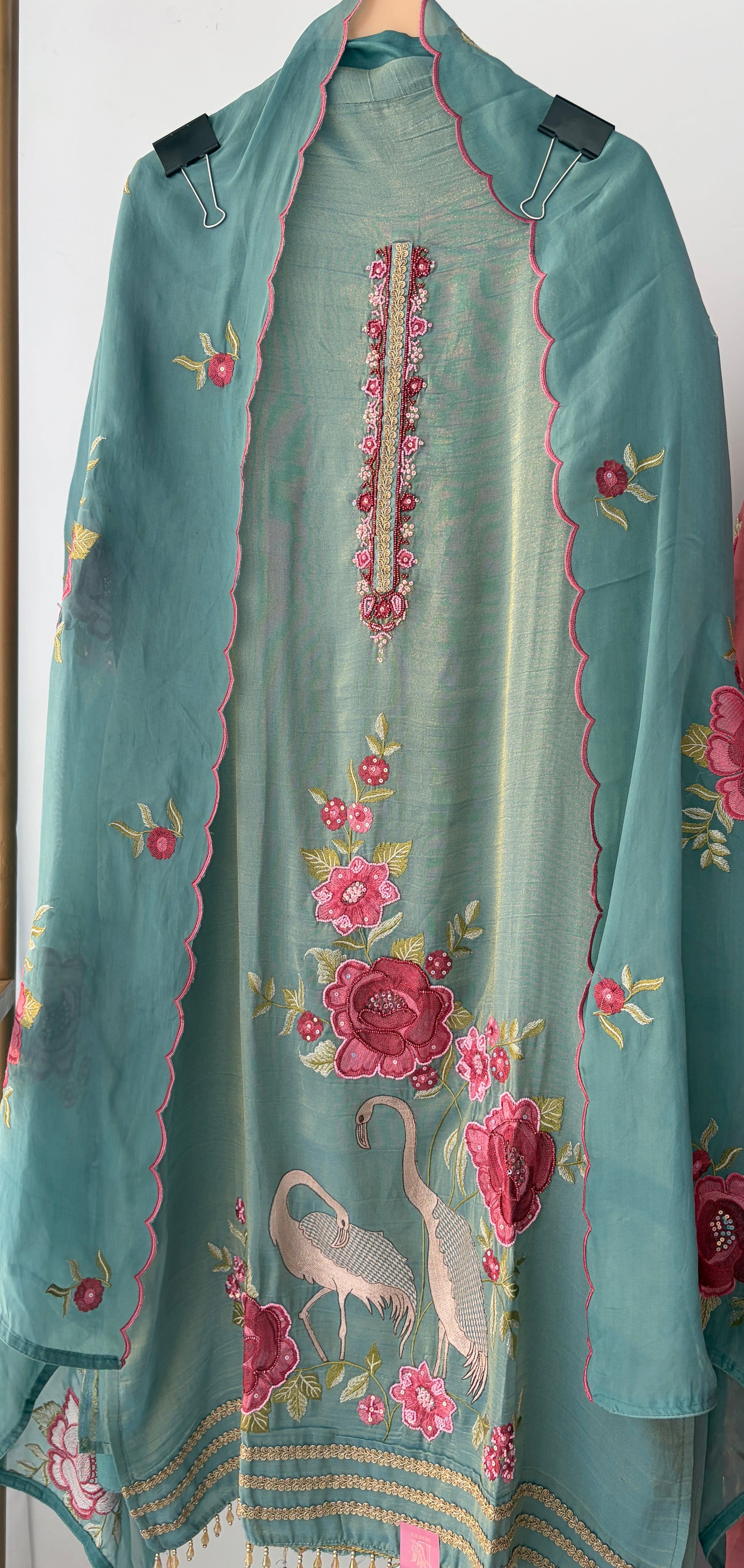 Teal Embellished Shimmer Semi Stitched Suit