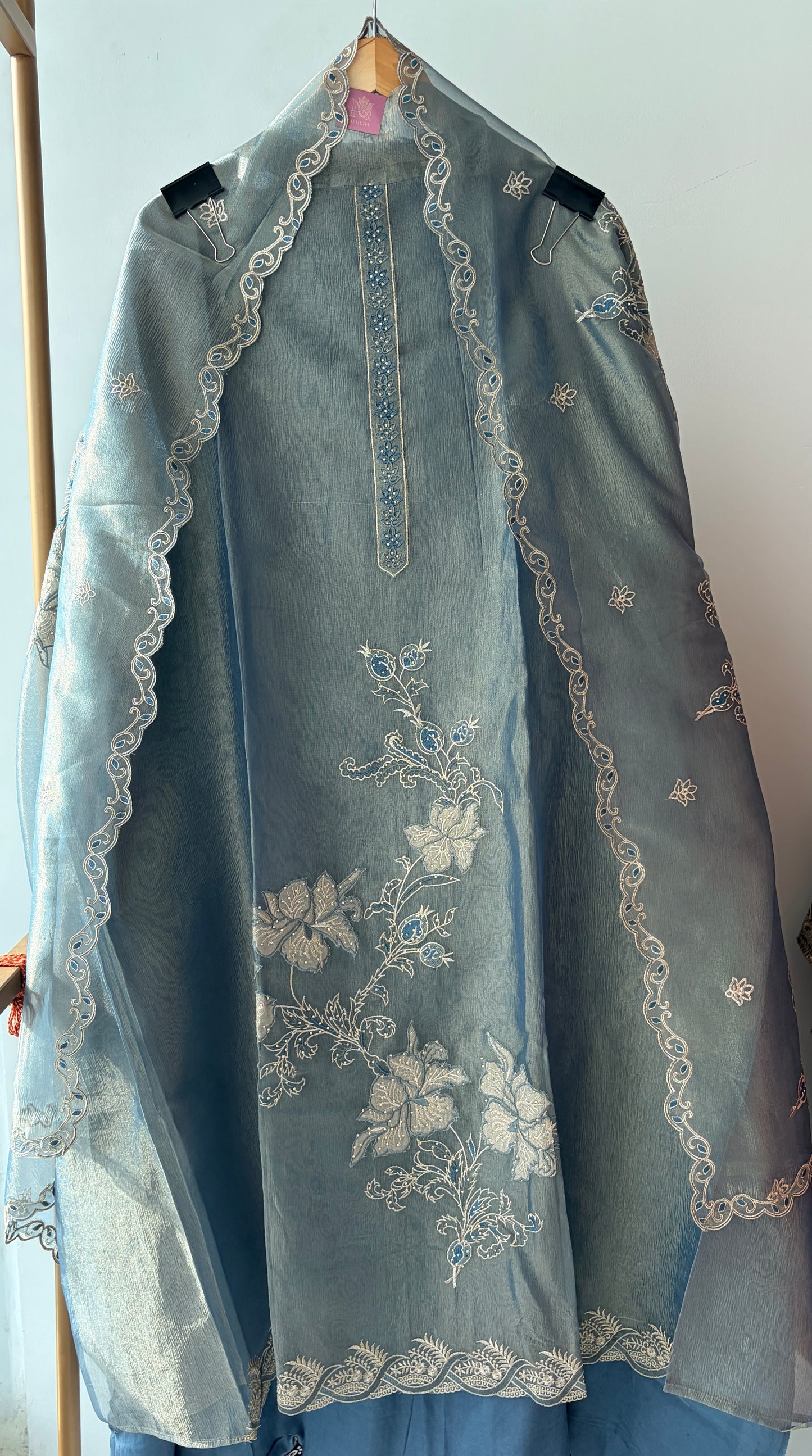 Blue Applique Shimmer Semi Stitched Suit