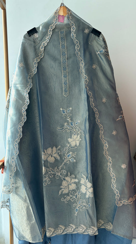 Blue Applique Shimmer Semi Stitched Suit