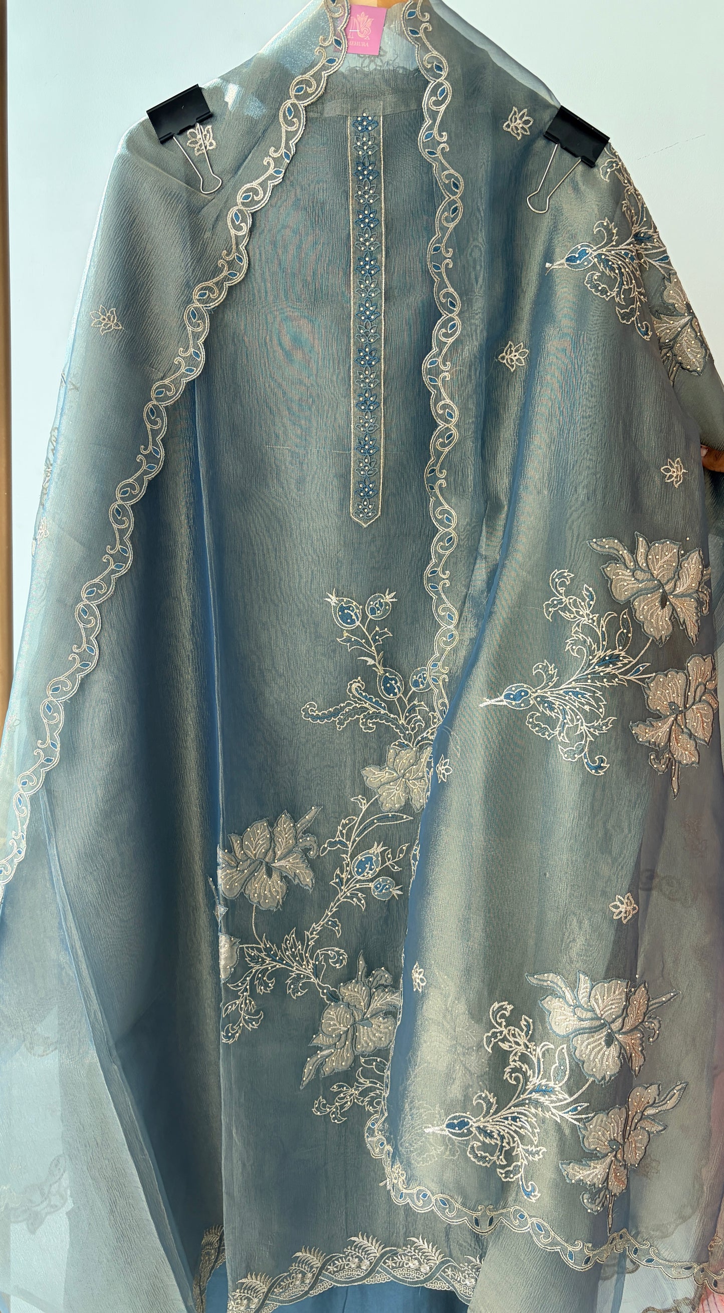 Blue Applique Shimmer Semi Stitched Suit