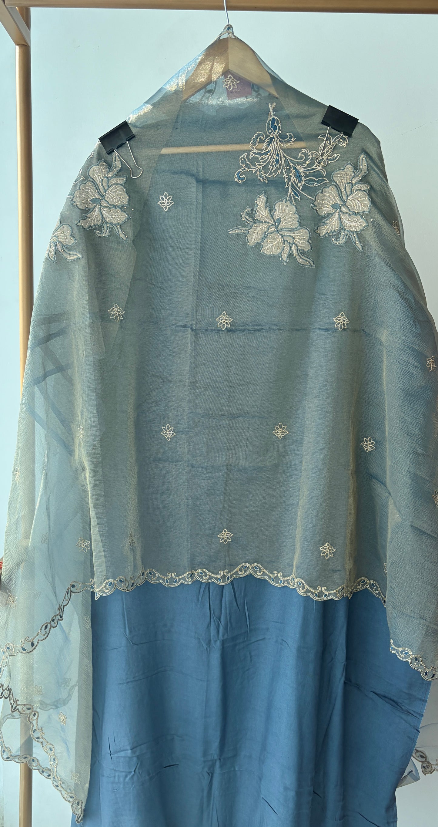 Blue Applique Shimmer Semi Stitched Suit