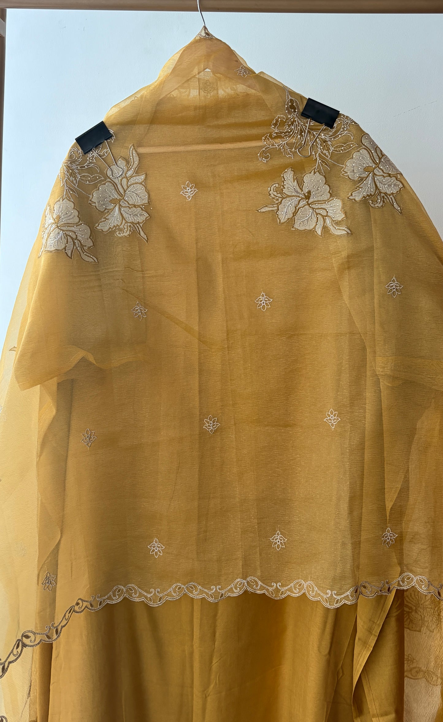 Yellow Applique Shimmer Semi Stitched Suit