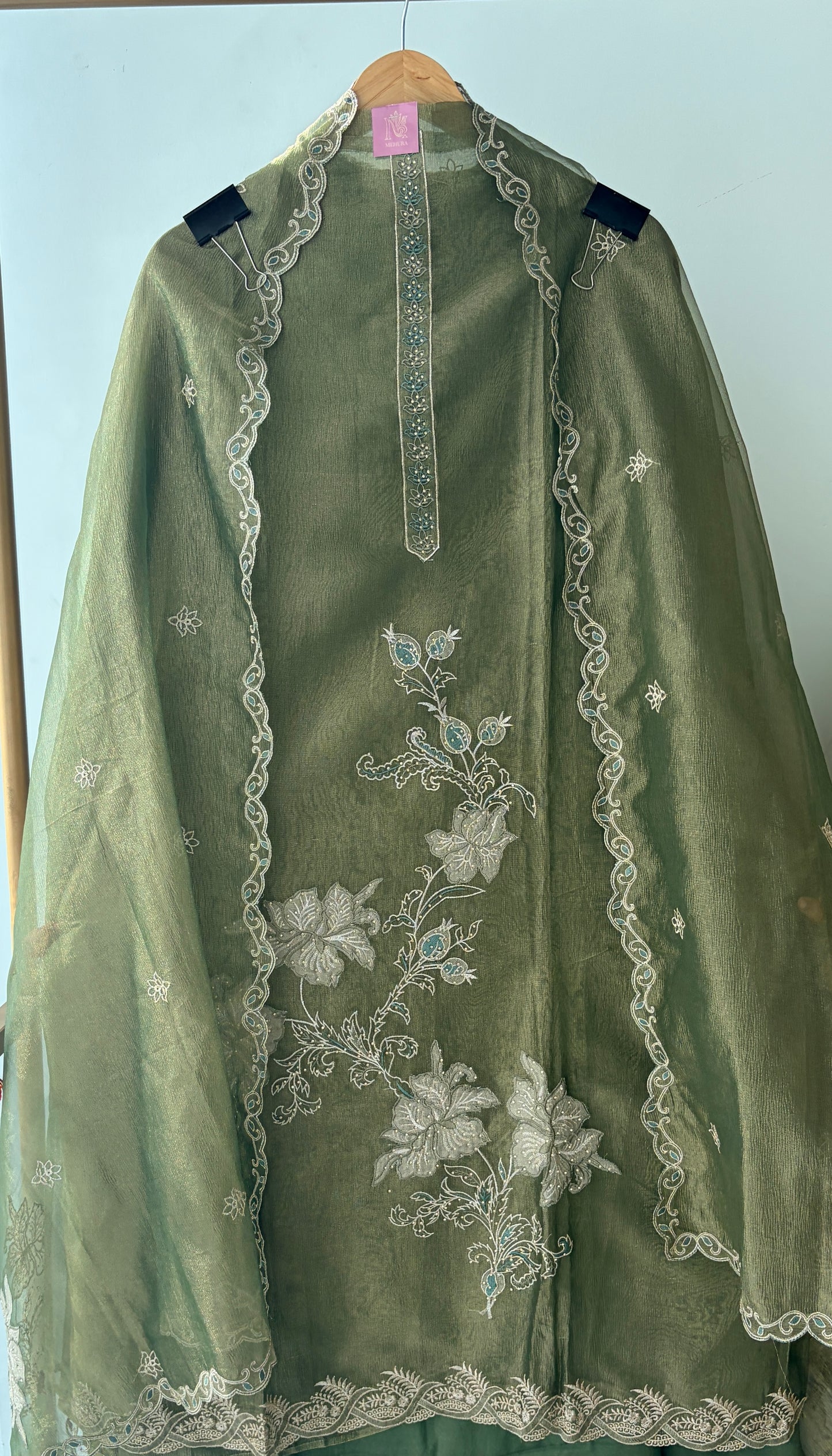 Green Applique Shimmer Semi Stitched Suit
