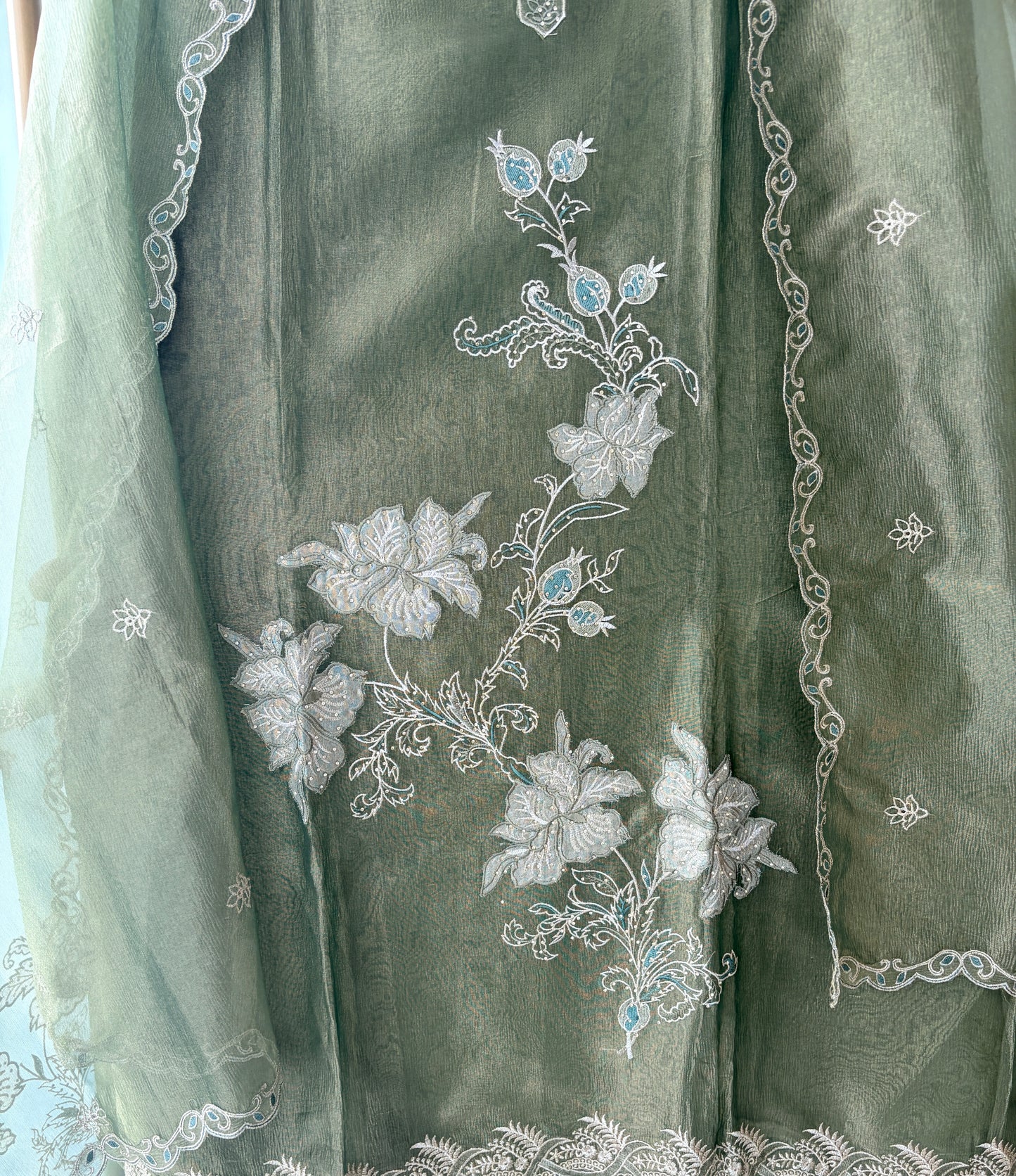 Green Applique Shimmer Semi Stitched Suit