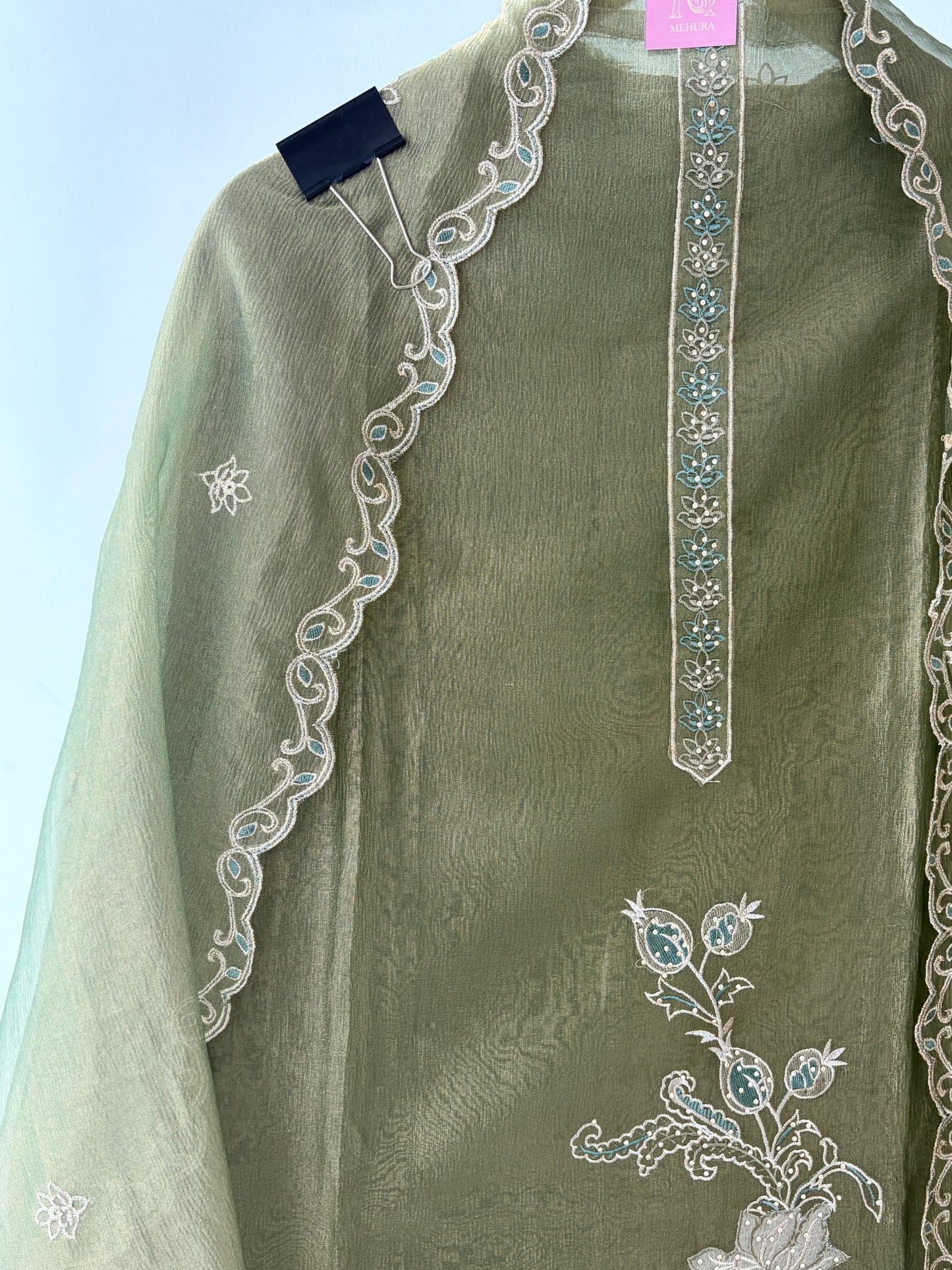 Green Applique Shimmer Semi Stitched Suit
