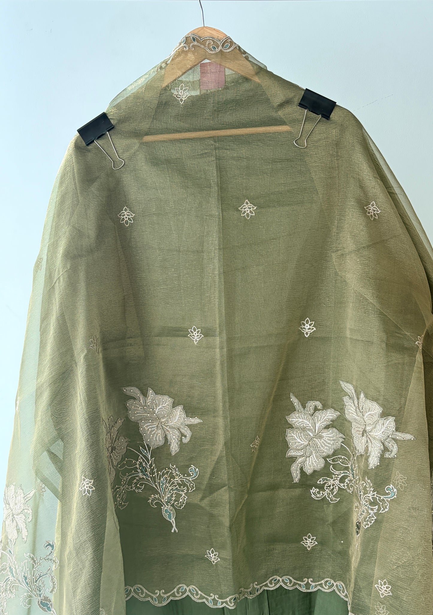 Green Applique Shimmer Semi Stitched Suit