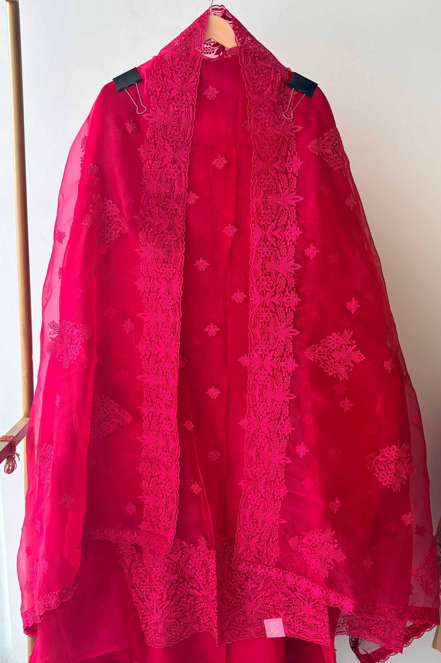 Red Embroidered Tissue Semi Stitched Suit