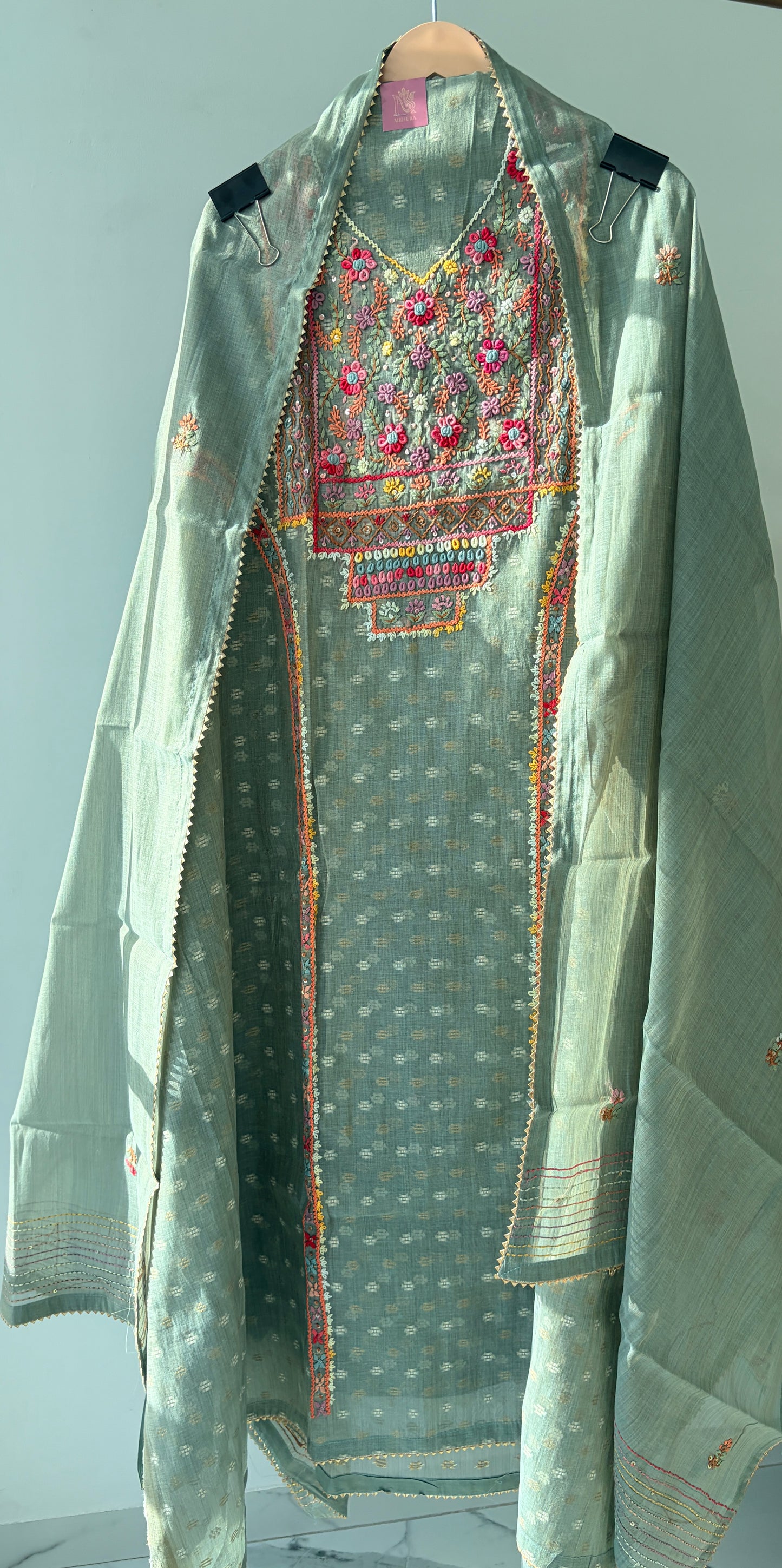 Grey Knot Chanderi Semi Stitched Suit