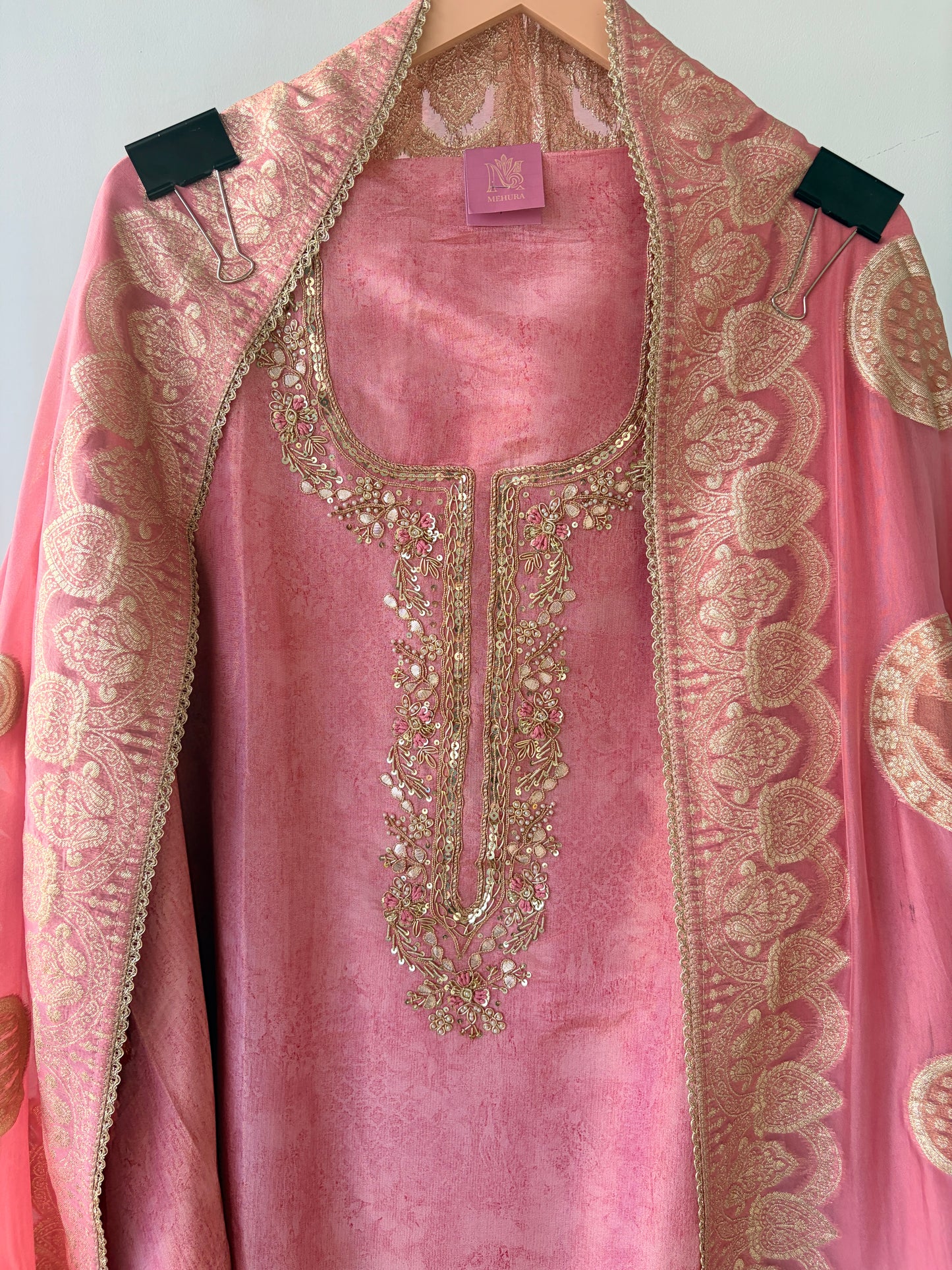 Pink Shimmer Banarasi Semi Stitched Suit