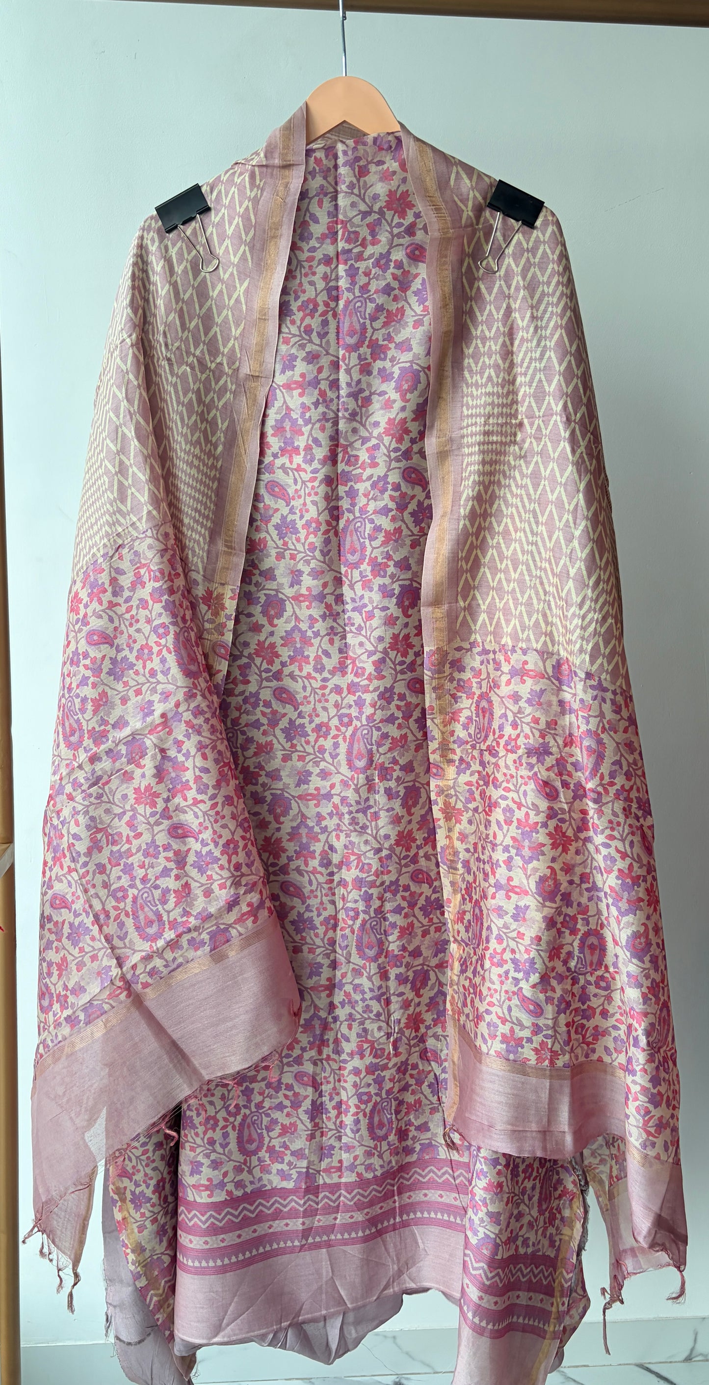 Beige Maheshwari Silk Unstitched Suit