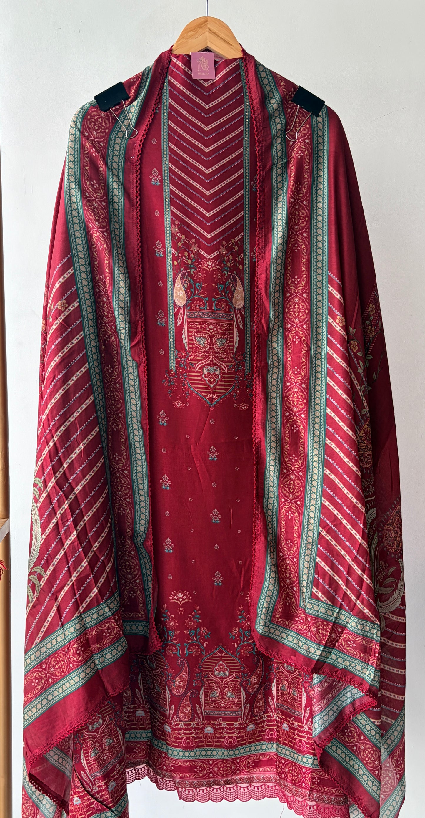 Red Muslin Printed Semi Stitched Suit