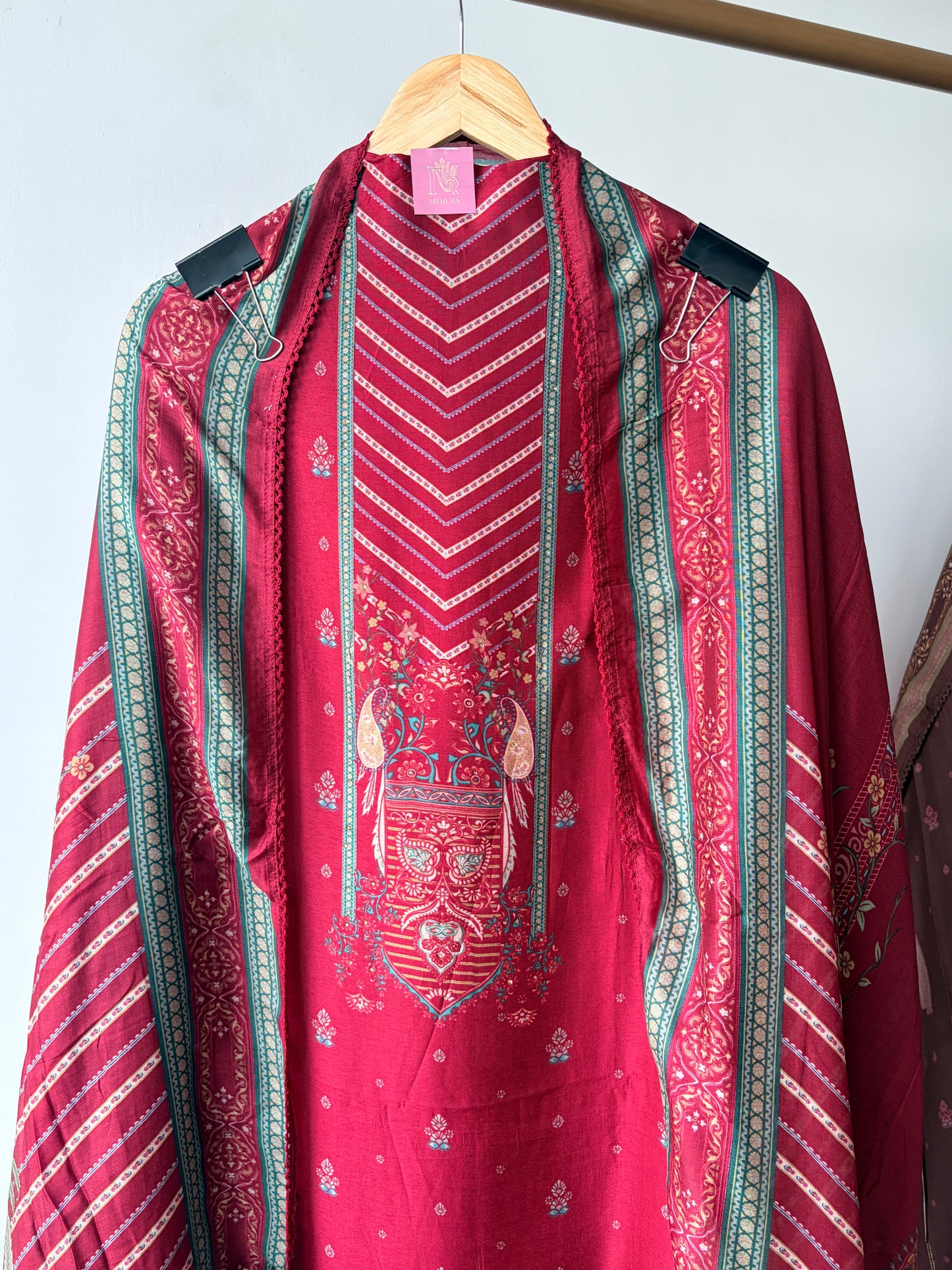 Red Muslin Printed Semi Stitched Suit