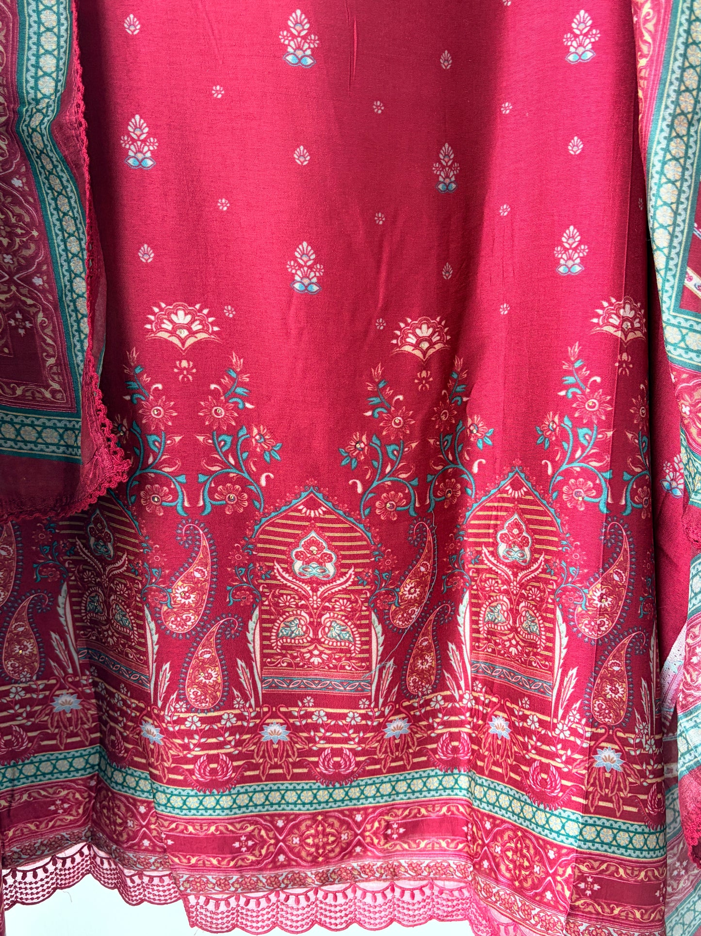 Red Muslin Printed Semi Stitched Suit