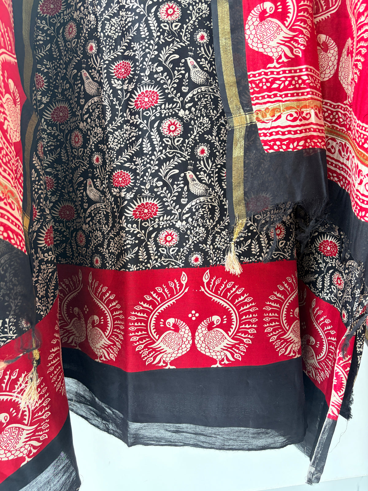 Red N Black Maheshwari Silk Unstitched Suit