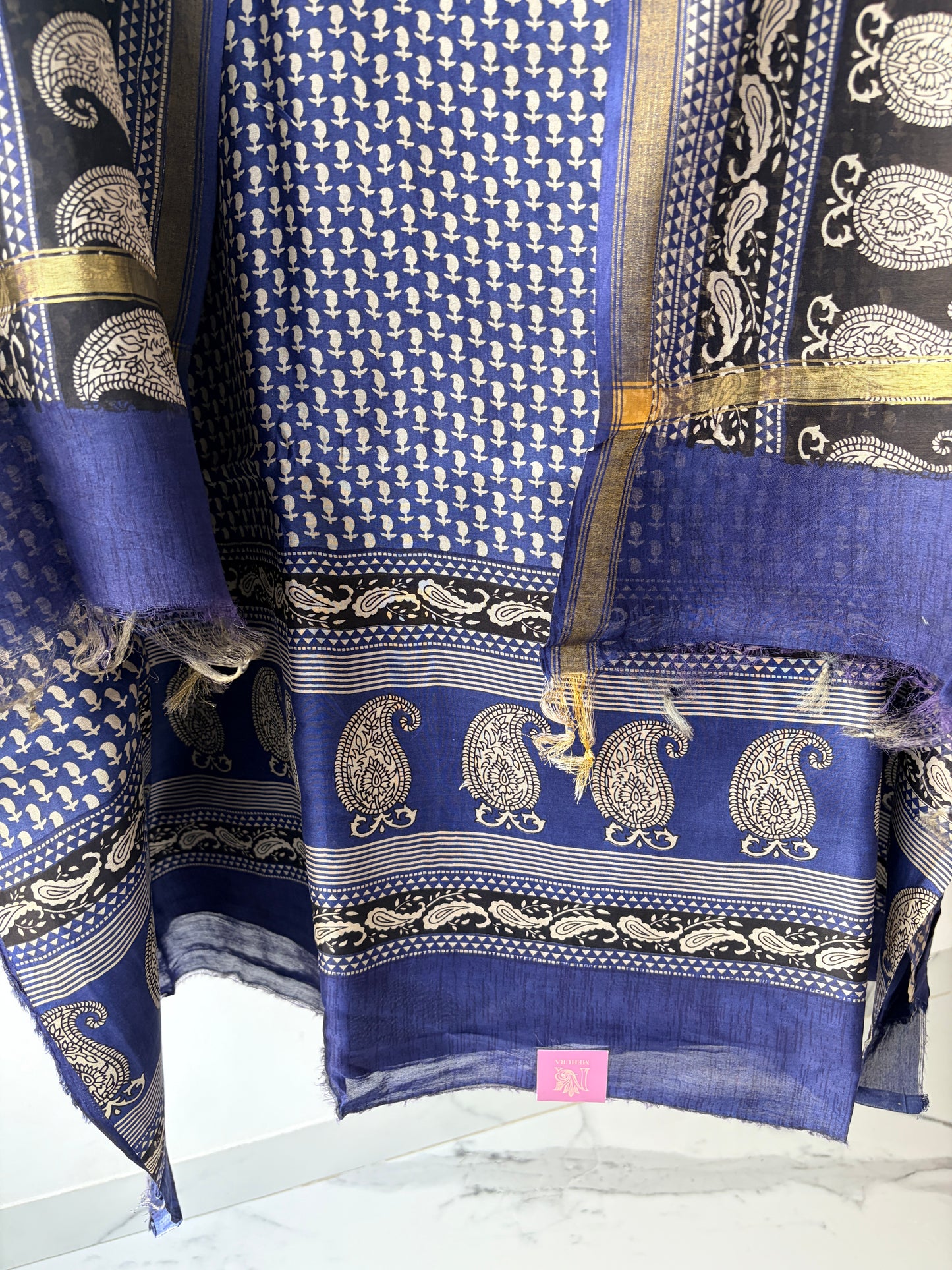 Dark Blue Maheshwari Silk Unstitched Suit