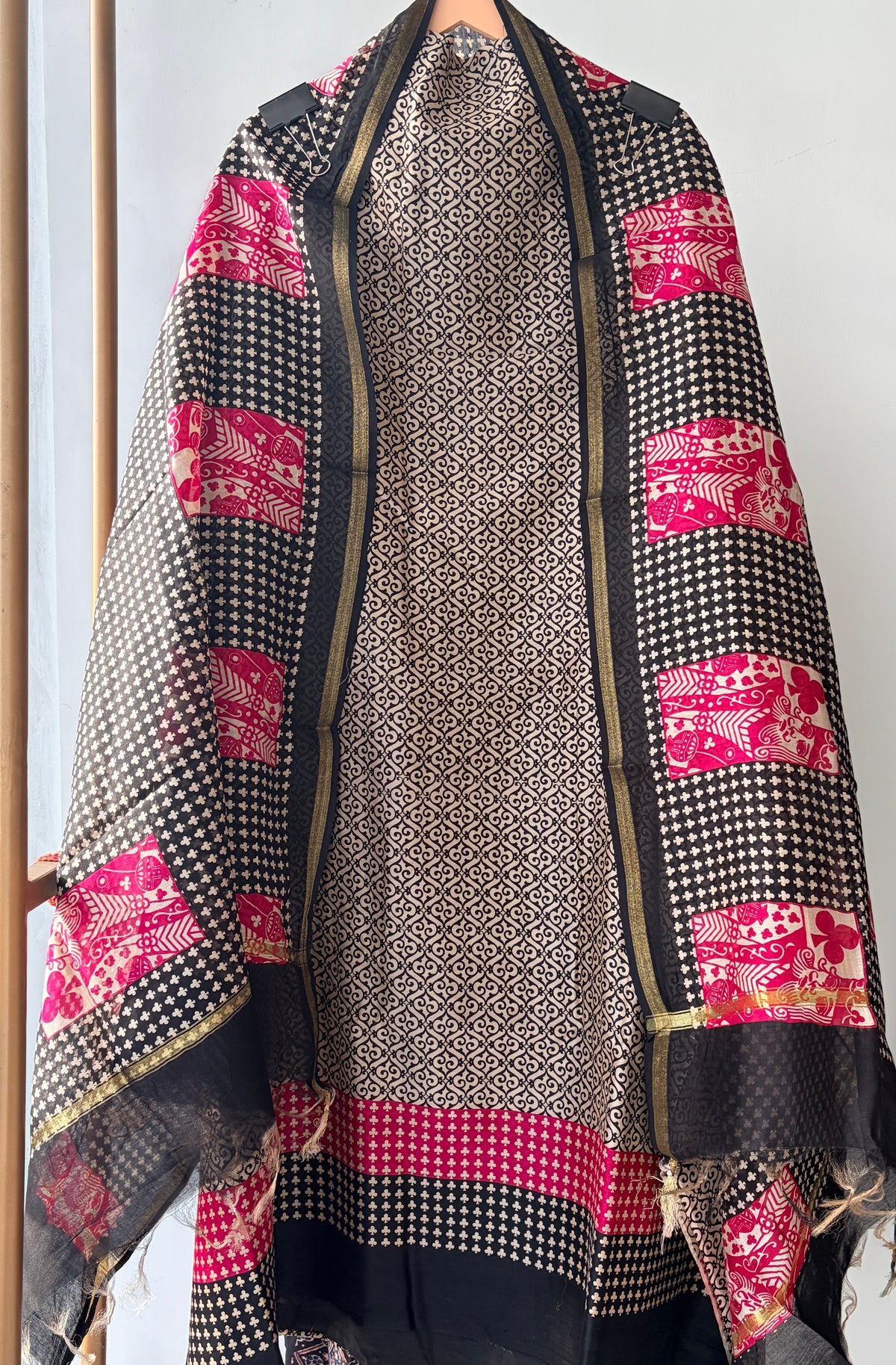Pink N Black Maheshwari Unstitched Suit