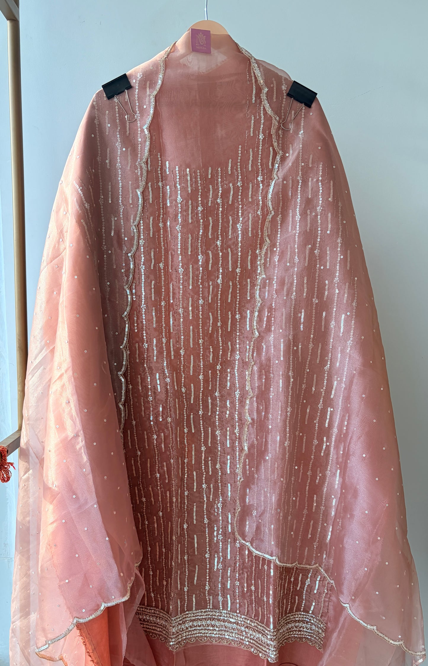 Peach Embellished Tissue Unstitched Suit