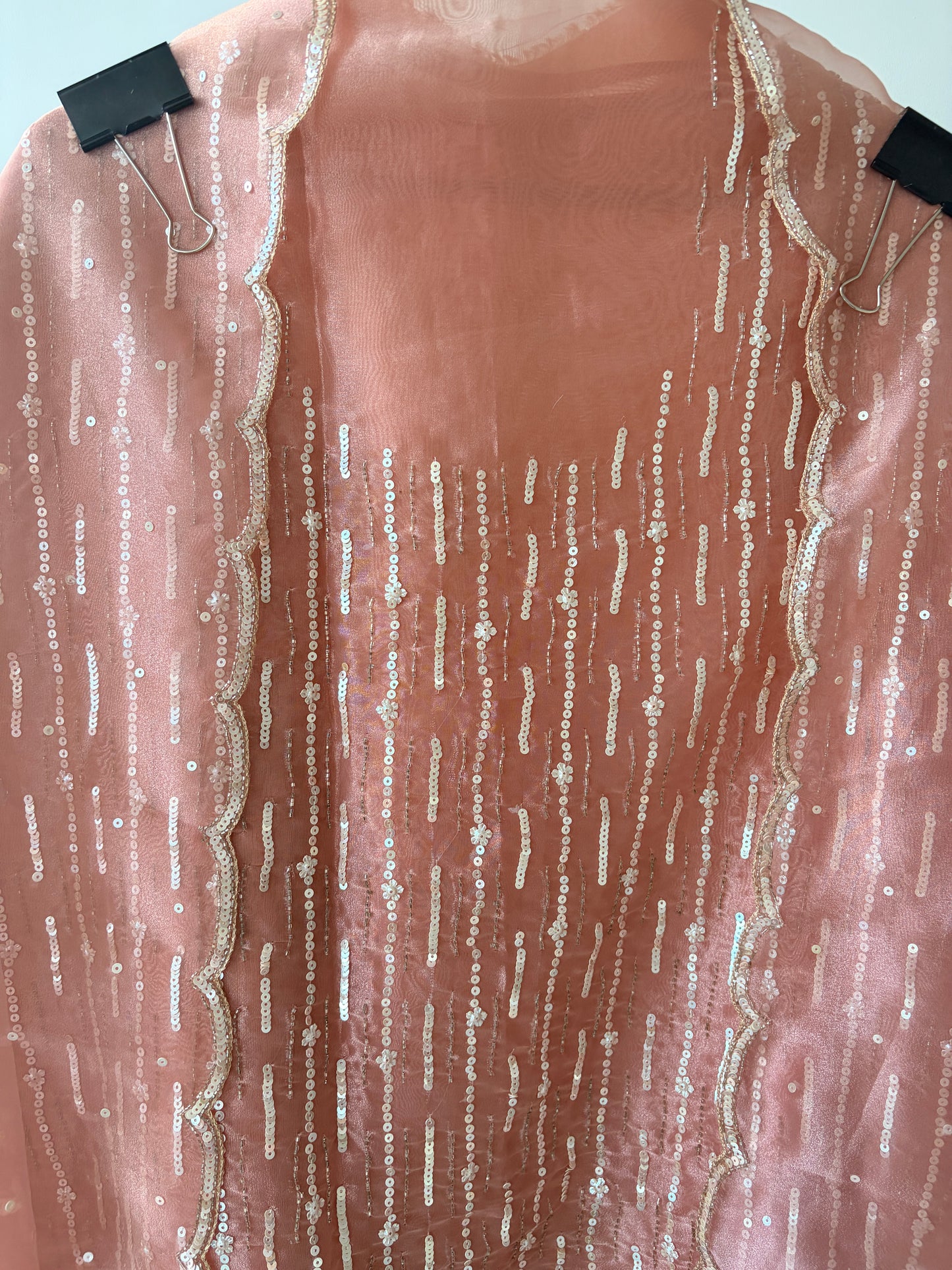 Peach Embellished Tissue Unstitched Suit