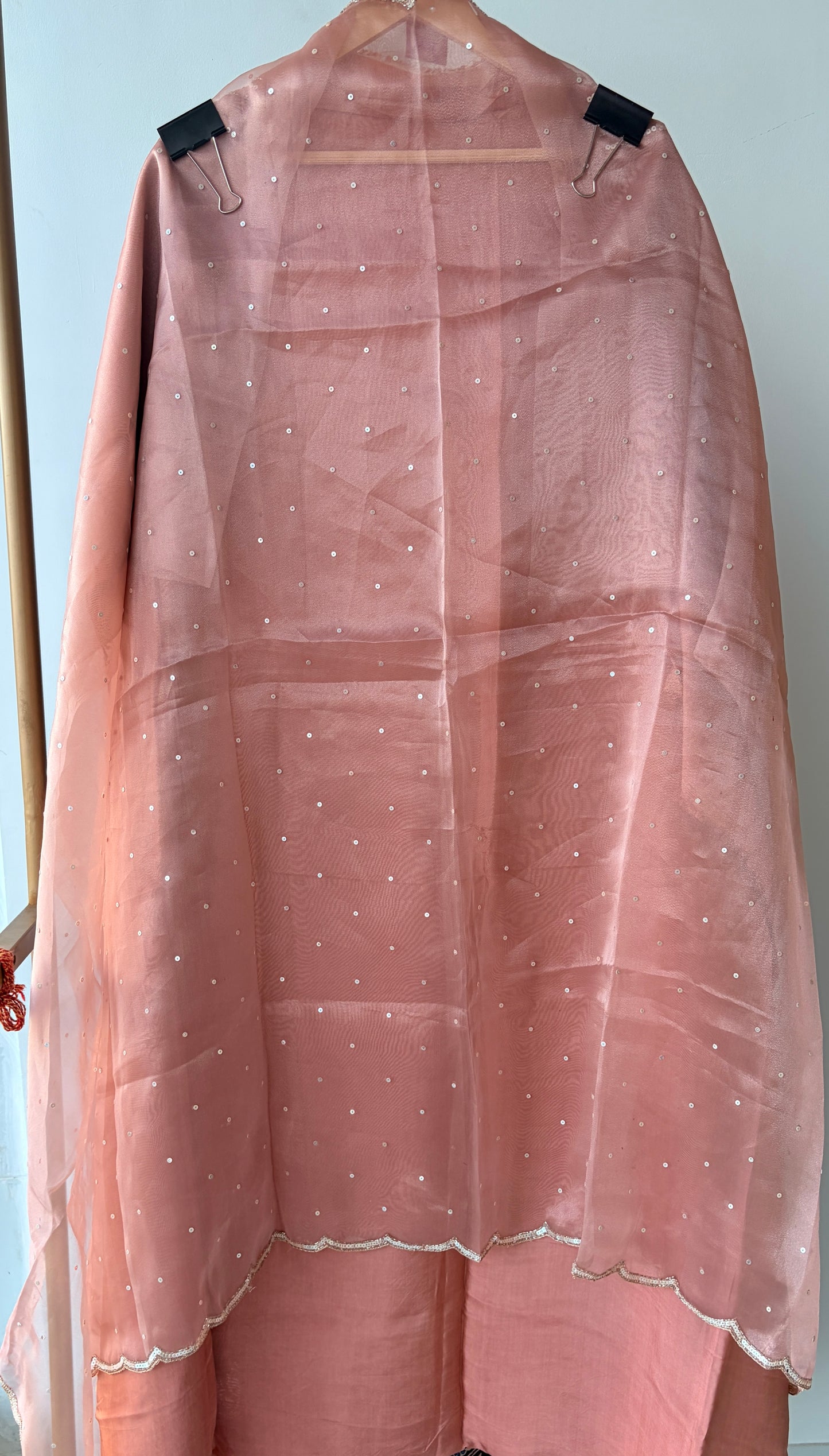 Peach Embellished Tissue Unstitched Suit