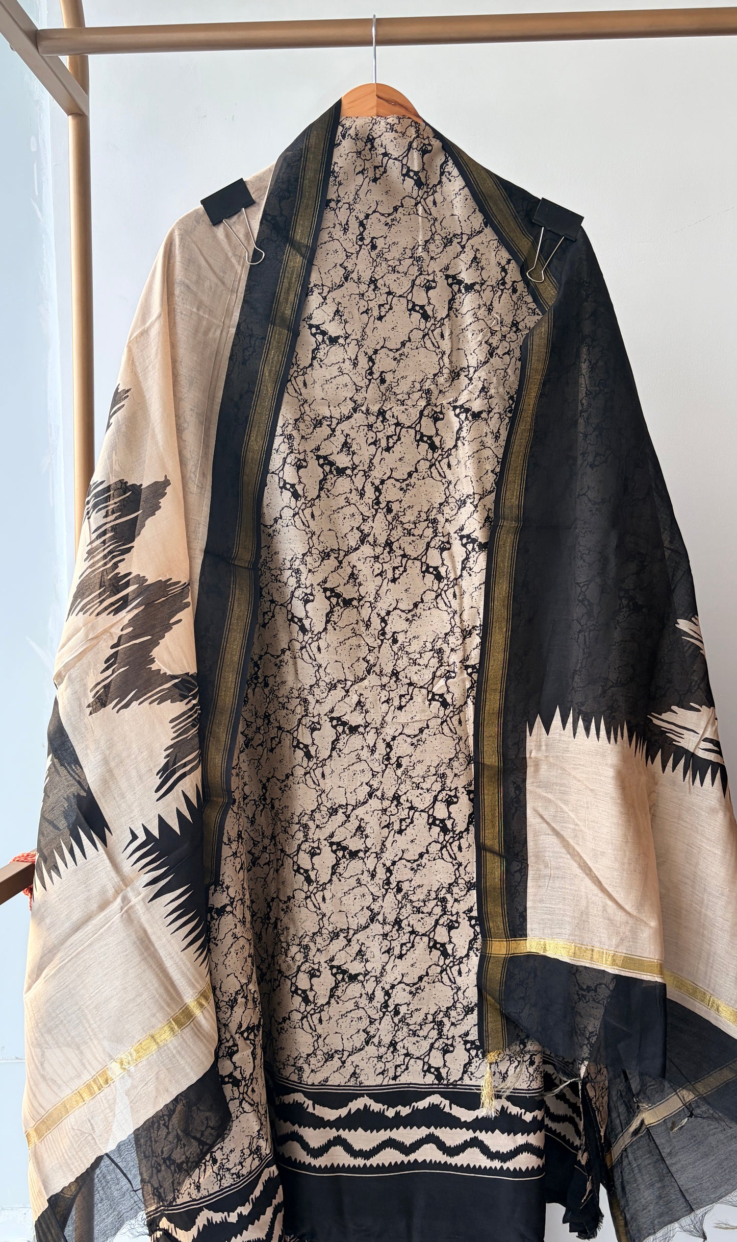 Beige N Black Maheshwari Silk Unstitched Suit