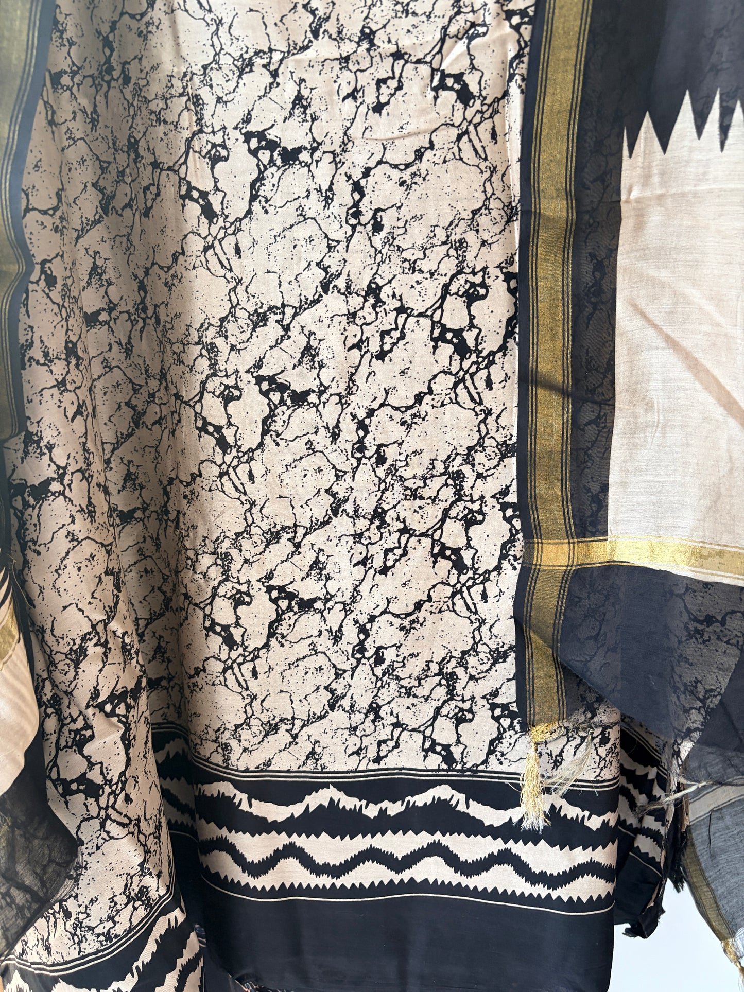 Beige N Black Maheshwari Silk Unstitched Suit