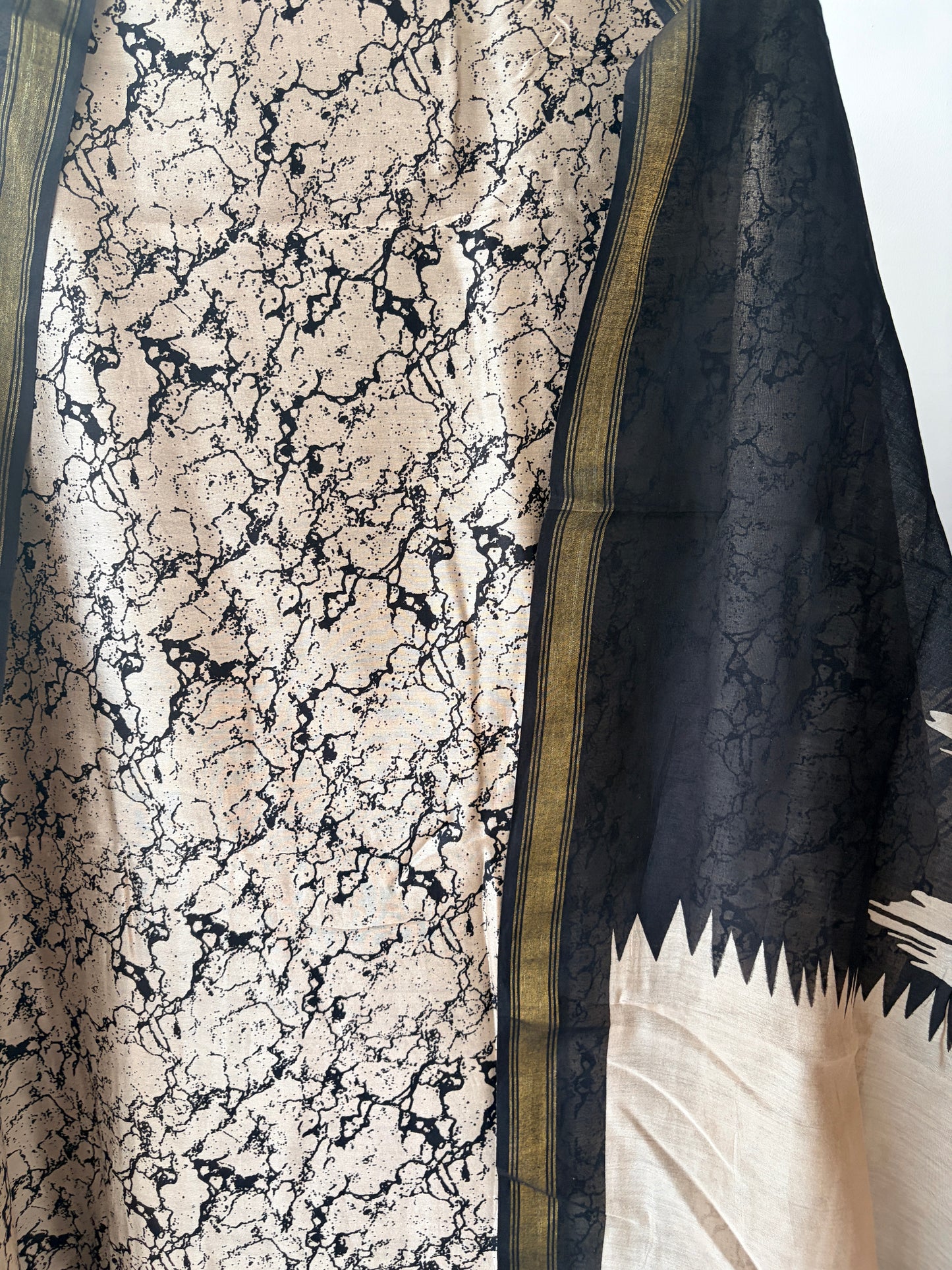 Beige N Black Maheshwari Silk Unstitched Suit