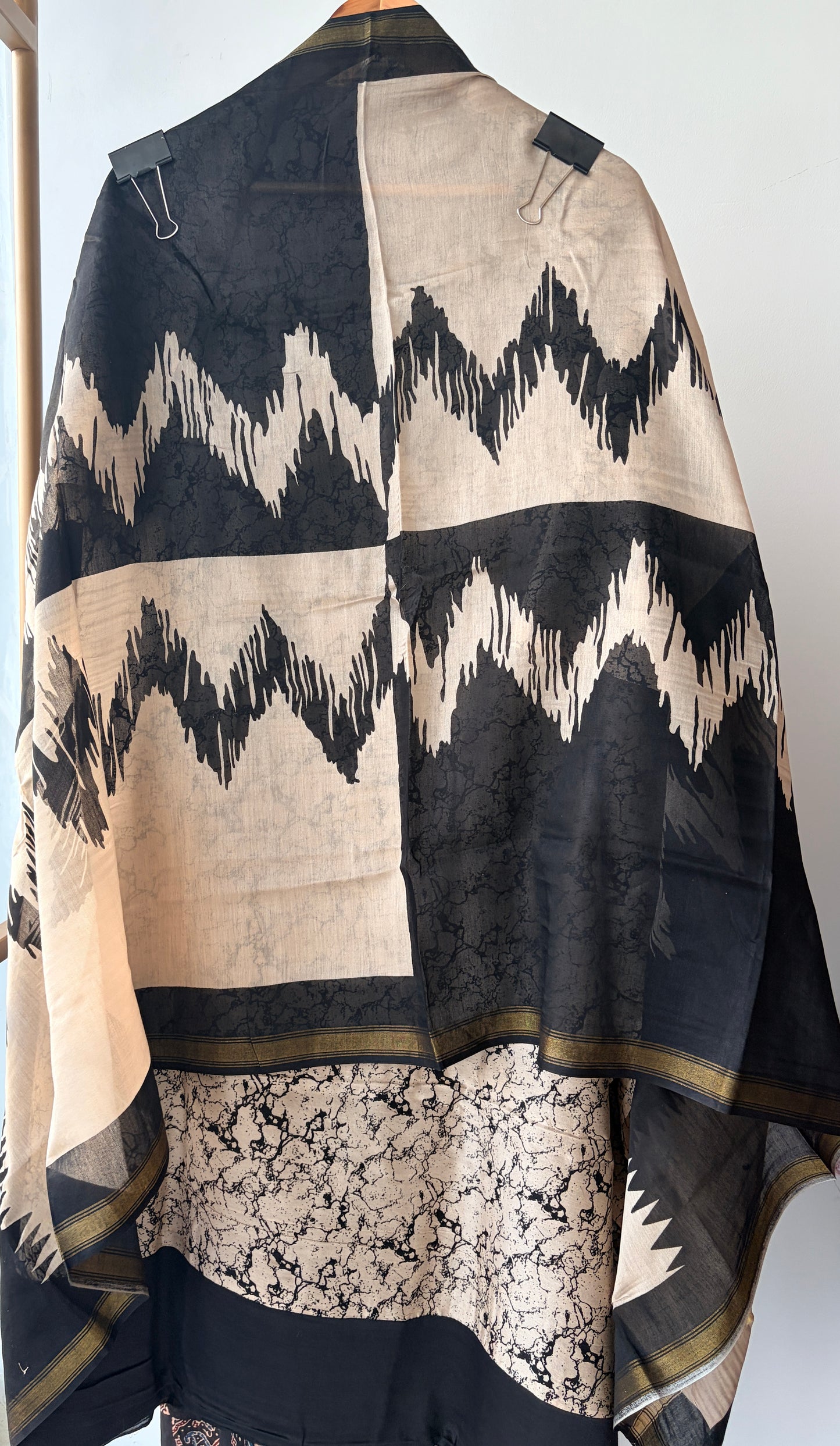 Beige N Black Maheshwari Silk Unstitched Suit