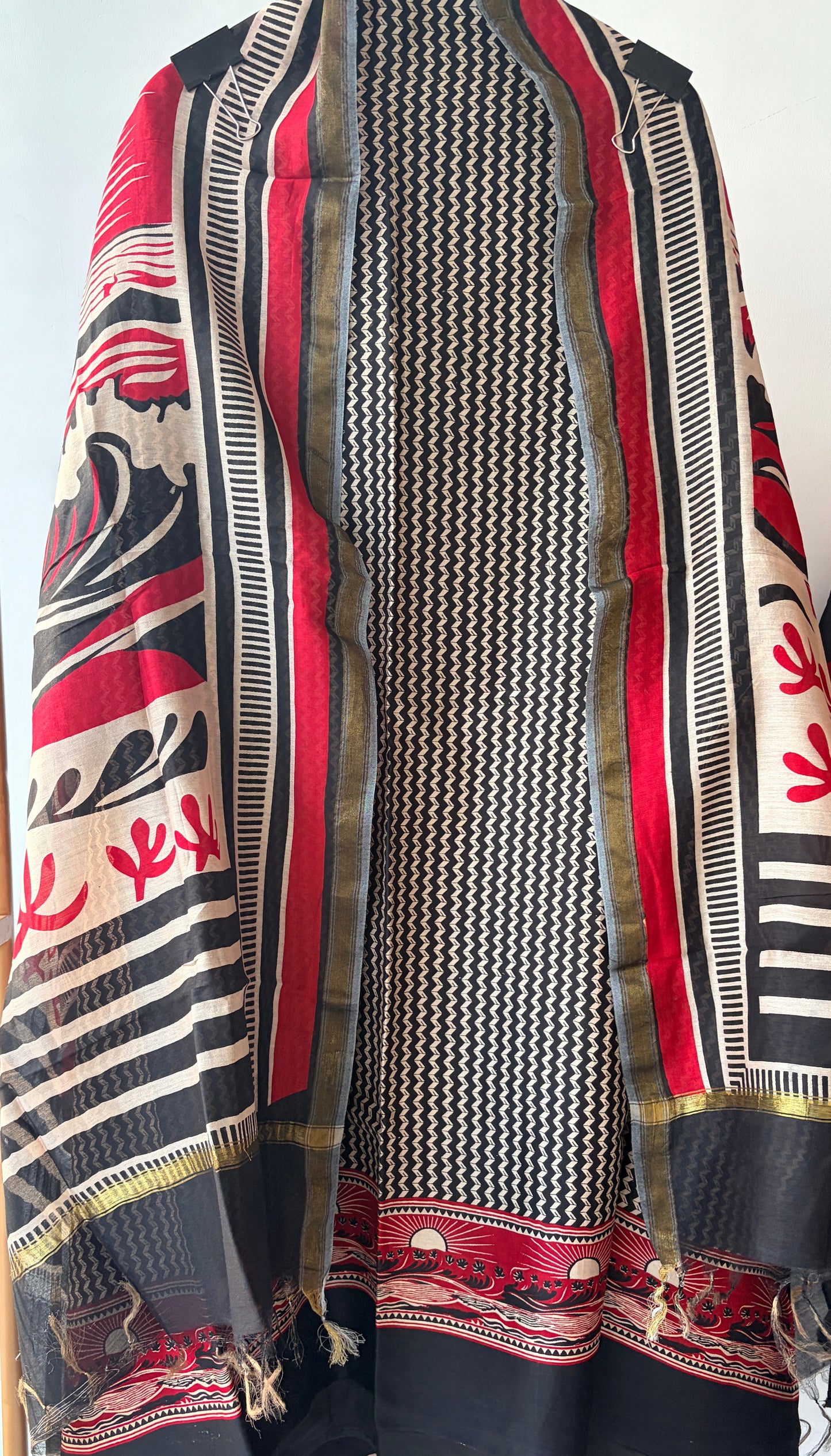 Red N Black Maheshwari Silk Unstitched Suit