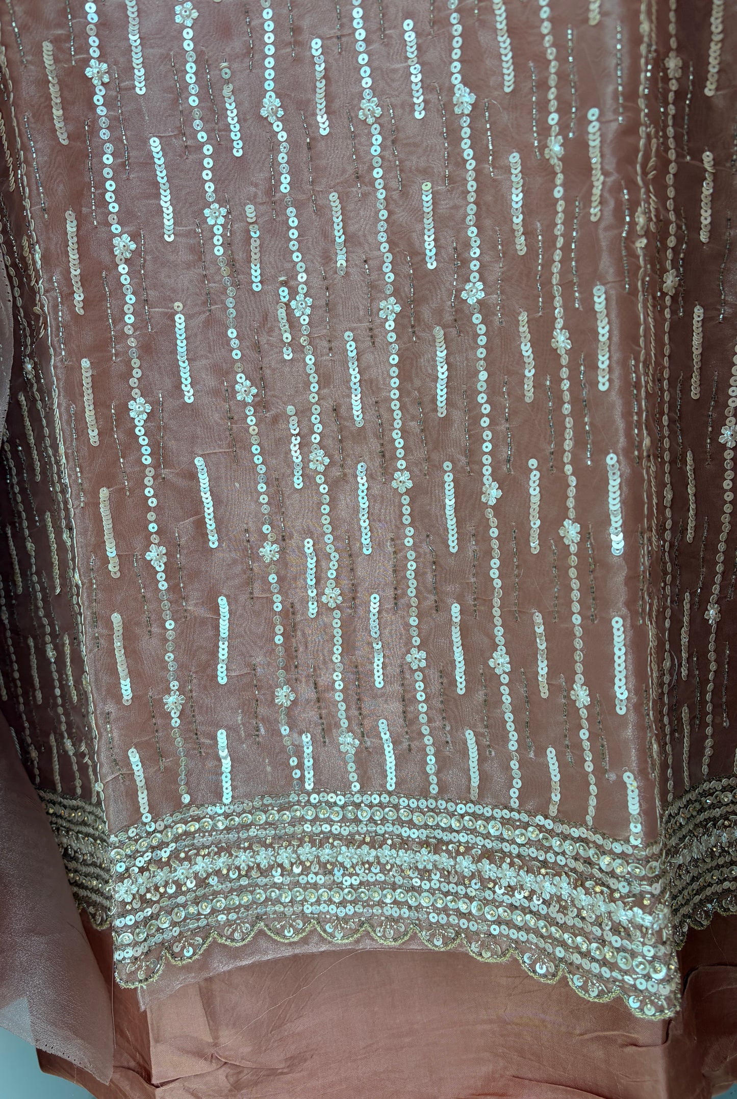 Peach Embellished Tissue Unstitched Suit
