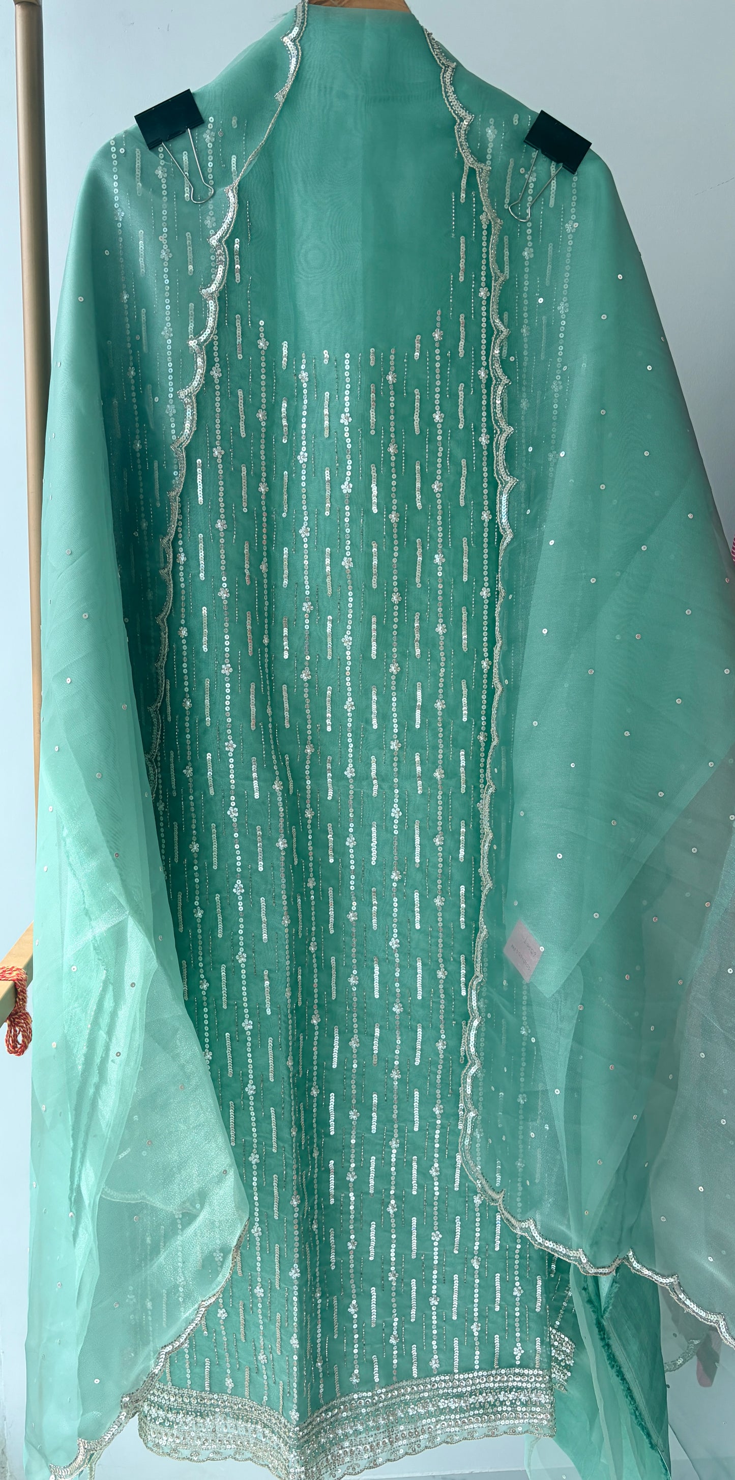 Green Embellished Tissue Semi Stitched Suit