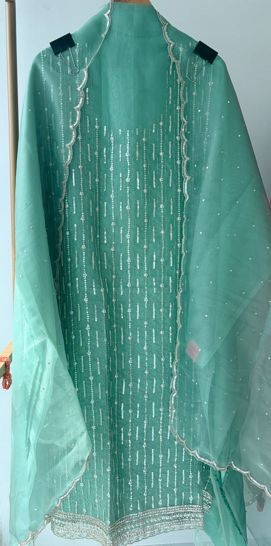 Green Embellished Tissue Semi Stitched Suit