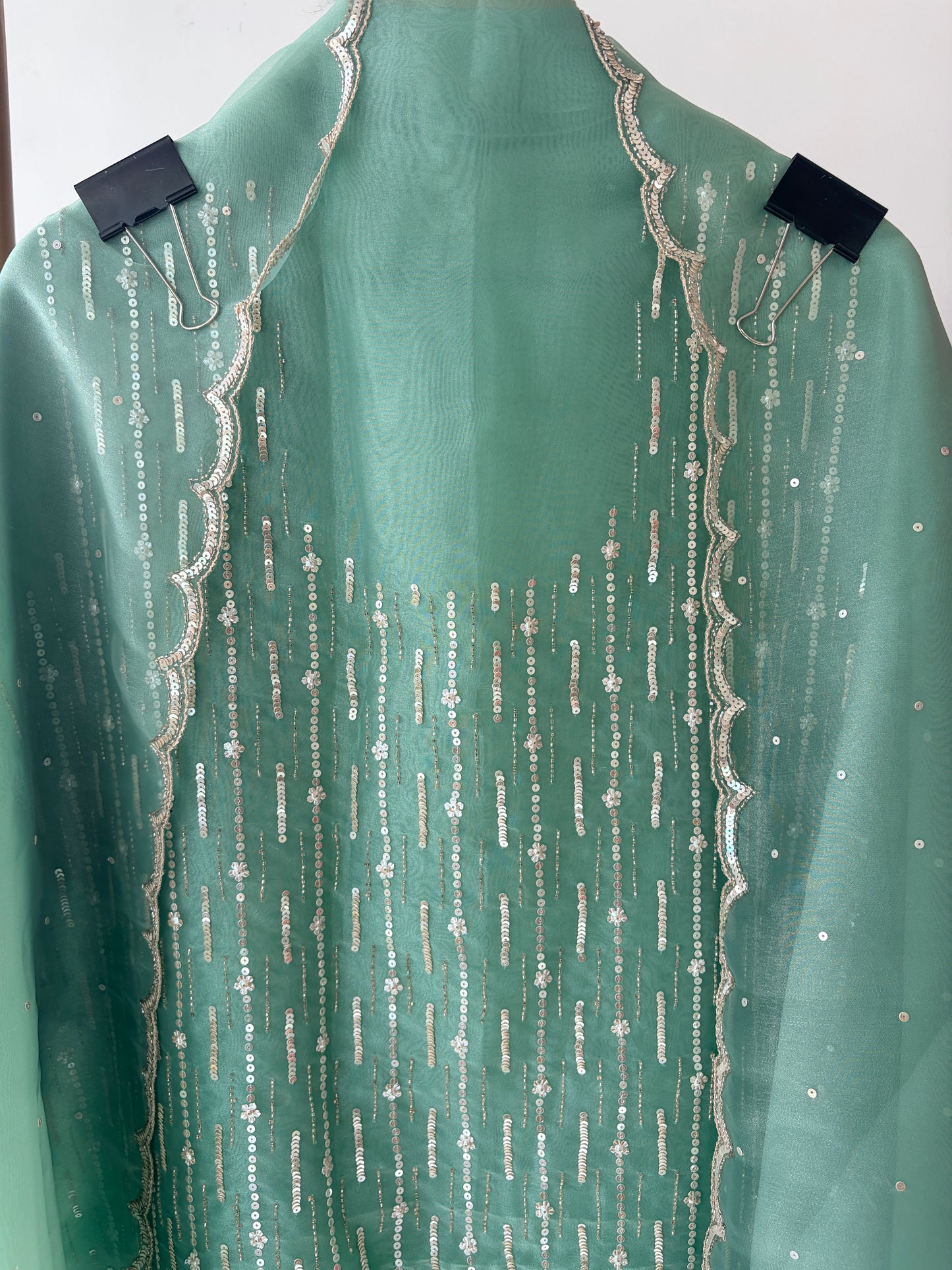 Green Embellished Tissue Semi Stitched Suit