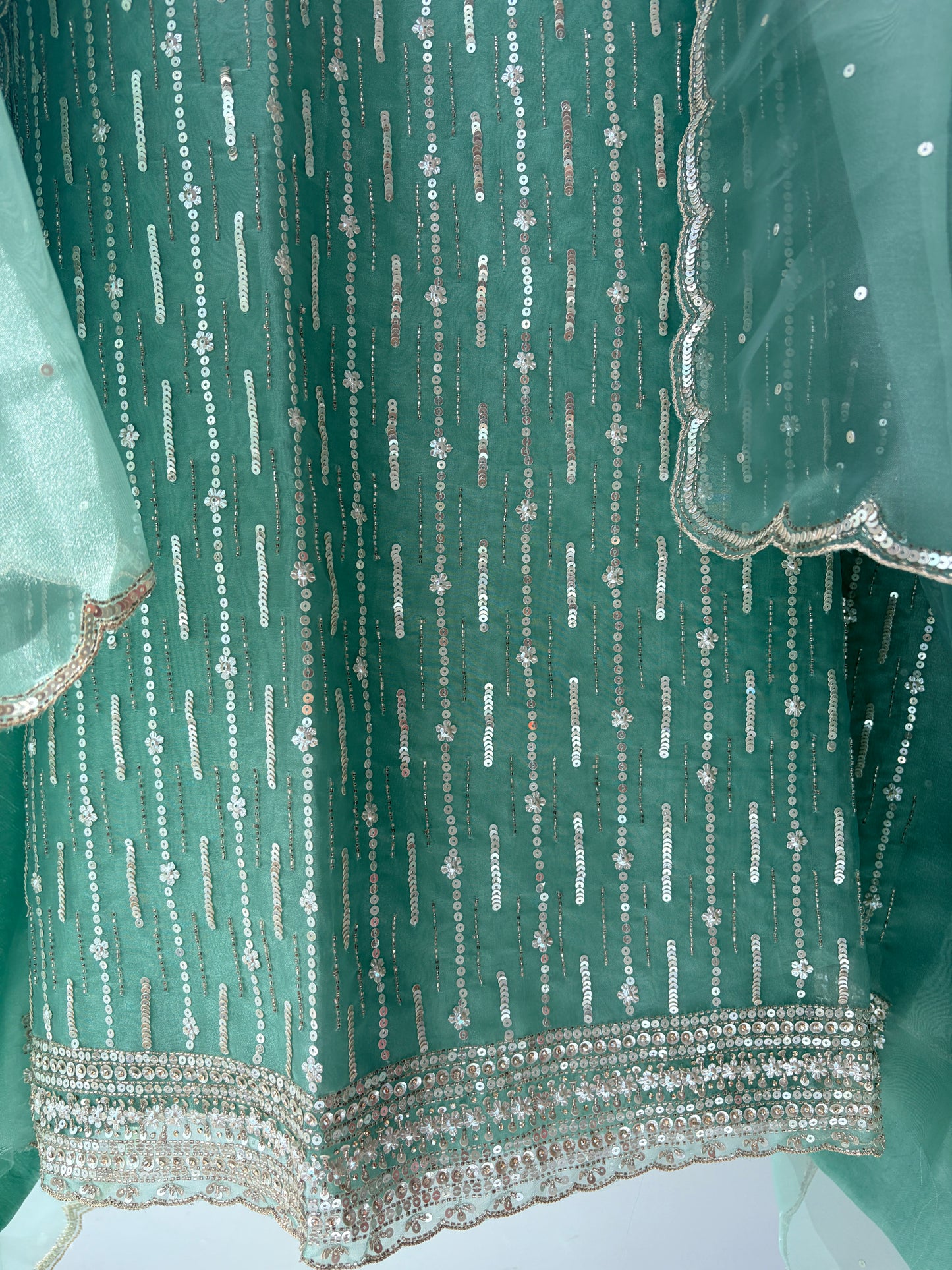 Green Embellished Tissue Semi Stitched Suit
